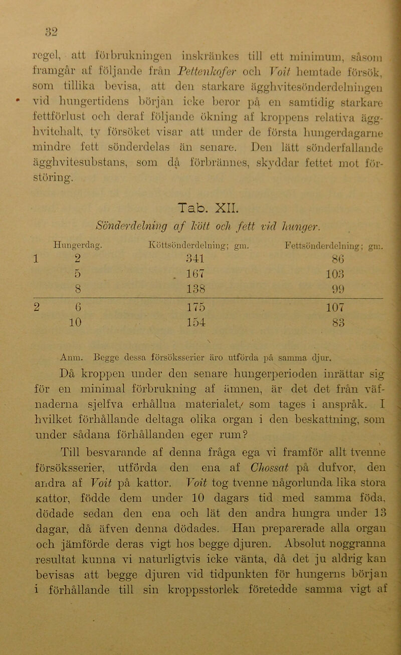 regel, att iöi brukniiigen iiiskränkes till ett minimum, såsom framgår af följande från Pettenkofer och ] o?7 hemtade försök, som tillika bevisa, att den starkare ägghvitesönderdelningen vid lumgertidens l)örjan icke Ijcror på en samtidig starkai‘c* fettförlust och deraf följande ökning af kroppens relativa ägg- hvitohalt, ty försöket visar att nnder de första himgei-dagarne mindre fett sönderdelas än senare. Den lätt sönderfallande ägghvitesubstans, som då förbrännes, skyddar fettet mot för- störing. Tab. XII. Sönderdélnmg af Idött och fett vid hunger. Hungerdag. Köttsönderdelniug; gm. Fettsönderdelninj 1 2 341 8G 5 . 167 103 8 138 99 2 G 175 107 10 154 83 Anm. Begge dessa försöksserier äro utförda på samma djur. Då kroppen under den senare hnngerperioden inrättar sig för en minimal förbrukning af ämnen, är det det från väf- naderna sjelfva erhållna materialet,/ som tages i anspråk. I hvilket förhållande deltaga olika organ i den beskattning, som under sådana förhållanden eger rum? Till besvarande af denna fråga ega vi framför allt tveune försöksserier, utförda den ena af Chossat på dufvor, den andra af Voit på kattor. Voit tog tvenne någorlunda lika stora Kattor, födde dem under 10 dagars tid med samma föda, dödade sedan den ena och lät den andra hungra under 13 dagar, då äfven denna dödades. Han preparerade alla organ och jämförde deras vigt hos begge djuren. Absolut noggranna resultat kunna vi naturligtvis icke vänta, då det ju aldrig kan bevisas att begge djuren vid tidpunkten för hungerns början i förhållande till sin kroppsstorlek företedde samma vigt af