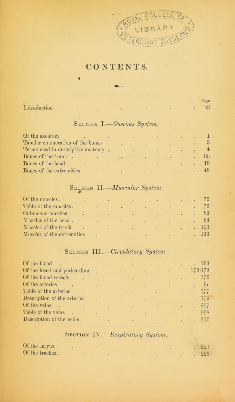 Page Introduction . . . . . . xi Section I.— Osseous System. Of the skeleton . . . . . . 1 Tabular enumeration of the bones . . . .3 Terms used in descriptive anatomy . . . 4 Bones of the trunk . . . . . . ib- Bones of the head . . . . 19 Bones of the extremities . . . . .48 Section II.—Muscular System * Of the muscles. . 75 Table of the muscles. , • • • . 76 Cutaneous muscles • • • . 82 Muscles of the head . . • • . 84 Muscles of the trunk • • • . 103 Muscles of the extremities ■ . . 133 Section III.- —Circulatory System. Of the blood . . 163 Of the heart and pericardium • • 172-173 Of the blood-vessels • • • . 176 Of the arteries . • • • . ib. Table of the arteries • • • . 177 Description of the arteries • . . 179 Of the veins . • • . 207 Table of the veins ... . 208 Description of the veins . . . 210 Section IV.- —Respiratory System. Of the larynx . . 221 Of the trachea . • • • . 223