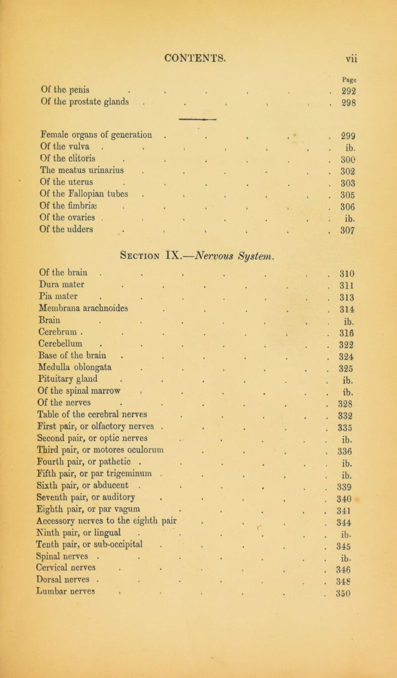 Page Of the penis . . . . . .292 Of the prostate glands . . 4 . . 298 Female organs of generation . . 4 . .299 Of the vulva . . ; 4 4 . . ib. Of the clitoris ...... 300 The meatus urinarius . . . - . 302 Of the uterus 303 Of the Fallopian tubes . . . . . 305 Of the fimbriae 4 . 4 s 306 Of the ovaries , . . . . . . ib. Of the udders . 4 4 . 4 307 Section IX.—Nervous System. Of the brain . . . . . . 310 Dura mater . . . . . .311 Pia mater . . . . . . 313 Membrana arachnoides . . . . .311- Brain . . . . . 4 . ib. Cerebrum ....... 316 Cerebellum . . . . 4 . 322 Base of the brain . . . . . .324 Medulla oblongata . . . , . . 325 Pituitary gland . 4 . . . . ib. Of the spinal marrow . 4 . . . . ib. Of the nerves ...... 328 Table of the cerebral nerves . . . . 332 First pair, or olfactory nerves . . . . .335 Second pair, or optic nerves . . . . . ib. Third pair, or motores oculorum . 336 Fourth pair, or pathetic . . . . . . ib. Fifth pair, or par trigeminum . . . , . ib. Sixth pair, or abducent . . . . , 339 Seventh pair, or auditory . . . . .340 Eighth pair, or par vagum . . . * . 341 Accessory nerves to the eighth pair 4 4 . 344 Ninth pair, or lingual . . . . . . ib- Tenth pair, or sub-occipital . 345 Spinal nerves . . . . . . . ib. Cervical nerves . 345 Dorsal nerves . . . . . . . 348 Lumbar nerves . . . , . 350