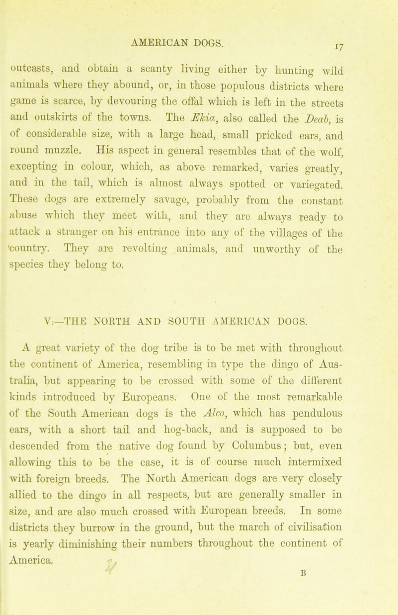 AMERICAN DOGS. 17 outcasts, and obtain a scanty living either by hunting wild animals where they abound, or, in those populous districts where game is scarce, by devouring the offal which is left in the streets and outskirts of the towns. The Ekia, also called the Eeab, is of considerable size, with a large head, small pricked ears, and round muzzle. His aspect in general resembles that of the wolf, excepting in colour, which, as above remarked, varies greatly, and in the tail, which is almost always spotted or variegated. These dogs are extremely savage, probably from the constant abuse which they meet with, and they are always ready to attack a stranger on his entrance into any of the villages of the ‘country. They are revolting animals, and unworthy of the species they belong to. Y;—THE NORTH AND SOUTH AMERICAN DOGS. A great variety of the dog tribe is to be met with throughout the continent of America, resembling in type the dingo of Aus- tralia, but appearing to be crossed with some of the different kinds introduced by Europeans. One of the most remarkable of the South American dogs is the Alco, which has pendulous ears, with a short tail and hog-back, and is supposed to be descended from the native dog found by Columbus; but, even allowing this to be the case, it is of course much intermixed with foreign breeds. The North American dogs are very closely allied to the dingo in all respects, but are generally smaller in size, and are also much crossed with European breeds. In some districts they burrow in the ground, but the march of civilisation is yearly diminishing their numbers throughout the continent of America. B