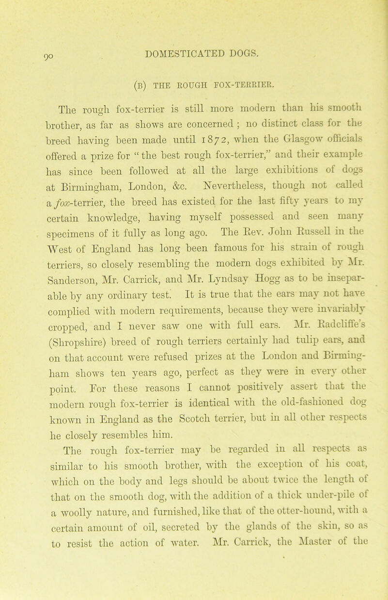 (b) the rough fox-terrier. The rough fox-terrier is still more modern than his smooth brother, as far as shows are concerned ; no distinct class for the breed having been made until 1872, when the Glasgow officials offered a prize for “ the best rough fox-terrier,” and their example has since been followed at all the large exhibitions of dogs at Birmingham, London, &c. Nevertheless, though not called a /oaj-terrier, the breed has existed for the last fifty years to my certain knowledge, having myself possessed and seen many specimens of it fully as long ago. The Bev. John Russell in the West of England has long been famous for his strain of rough terriers, so closely resembling the modern dogs exhibited by Mr. Sanderson, Mr. Carrick, and Mr. Lyndsay Hogg as to he insepar- able by any ordinary test! It is true that the ears may not have complied with modern requirements, because they were invariably cropped, and I never saw one with full ears. Mr. Eadcliffes (Shropshire) breed of rough terriers certainly had tulip ears, and on that account were refused prizes at the London and Birming- ham shows ten years ago, perfect as they were in every other point. For these reasons I cannot positively assert that the modern rough fox-terrier is identical with the old-fashioned dog known in England as the Scotch terrier, hut in all other respects he closely resembles him. The rough fox-terrier may he regarded in all respects as similar to his smooth brother, with the exception of his coat, which on the body and legs should he about twice the length of that on the smooth dog, with the addition of a thick under-pile of a woolly nature, and furnished, like that of the otter-hound, with a certain amount of oil, secreted by the glands of the skin, so as to resist the action of water. Mr. Carrick, the Master of the