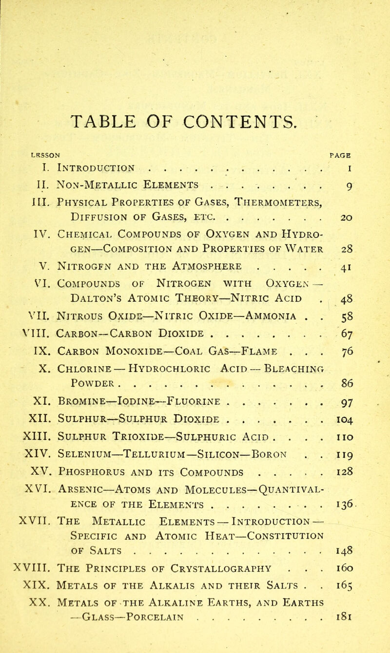 TABLE OF CONTENTS. LKSSON PAGE I. Introduction i II. Non-Metallic Elements ........ 9 III. Physical Properties of Gases, Thermometers, Diffusion of Gases, etc 20 IV. Chemical Compounds of Oxygen and Hydro- gen—Composition and Properties of Water 28 V. Nitrogfn and the Atmosphere 41 VI. Compounds of Nitrogen with Oxygen — Dalton’s Atomic Theory—Nitric Acid . 48 VII. Nitrous Oxide—Nitric Oxide—Ammonia . . 58 VIII. Carbon—Carbon Dioxide . 67 IX. Carbon Monoxide—Coal Gas—Flame ... 76 X. Chlorine—Hydrochloric Acid — Bleaching Powder 86 XI. Bromine—Iodine—Fluorine ....... 97 XII. Sulphur—Sulphur Dioxide 104 XIII. Sulphur Trioxide—Sulphuric Acid. . . . no XIV. Selenium—Tellurium—Silicon—Boron . . 119 XV. Phosphorus and its Compounds 128 XVI. Arsenic—Atoms and Molecules—Quantival- ence of the Elements . 136. XVII. The Metallic Elements —Introduction — Specific and Atomic Heat—Constitution of Salts 148 XVIII. The Principles of Crystallography . . . 160 XIX. Metals of the Alkalis and thetr Salts . . 165 XX. Metals of the Alkaline Earths, and Earths —Glass—Porcelain 181