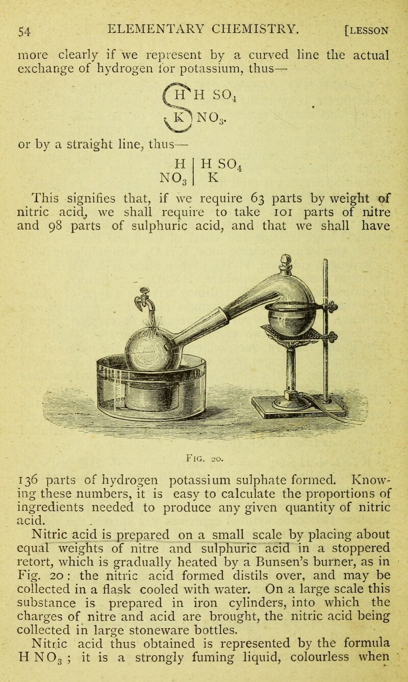 more clearly if we represent by a curved line the actual exchange of hydrogen for potassium, thus— This signifies that, if we require 63 parts by weight of nitric acid, we shall require to take 101 parts of nitre and 98 parts of sulphuric acid, and that we shall have 136 parts of hydrogen potassium sulphate formed. Know- ing these numbers, it is easy to calculate the proportions of ingredients needed to produce any given quantity of nitric acid. Nitric acid is prepared on a small scale by placing about equal weights of nitre and sulphuric acid in a stoppered retort, which is gradually heated by a Bunsen’s burner, as in Fig. 20 : the nitric acid formed distils over, and may be collected in a flask cooled with water. On a large scale this substance is prepared in iron cylinders, into which the charges of nitre and acid are brought, the nitric acid being collected in large stoneware bottles. Nitric acid thus obtained is represented by the formula H N 03 ; it is a strongly fuming liquid, colourless when O' 3' or by a straight line, thus- H I H S04 NOs I K