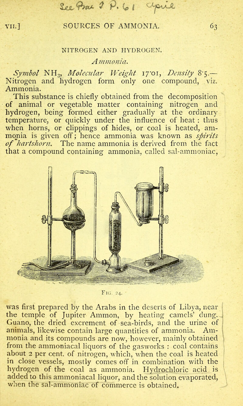 $ P* (& i NITROGEN AND HYDROGEN. A mmonia. Symbol NH3, Molecular Weight 17*01, Density 8*5.— Nitrogen and hydrogen form only one compound, viz. Ammonia. This substance is chiefly obtained from the decomposition of animal or vegetable matter containing nitrogen and hydrogen, being formed either gradually at the ordinary temperature, or quickly under the influence of heat : thus when horns, or clippings of hides, or coal is heated, am- monia is given off; hence ammonia was known as spii'its of hartshorn. The name ammonia is derived from the fact that a compound containing ammonia, called sal-ammoniac, Fig. 24. ■ was first prepared by the Arabs in the deserts of Libya, near j the temple of Jupiter Ammon, by heating camels’ dung, j Guano, the dried excrement of sea-birds, and the urine of animals, likewise contain large quantities of ammonia. Am- monia and its compounds are now, however, mainly obtained from the ammoniacal liquors of the gasworks : coal contains about 2 per cent, of nitrogen, which, when the coal is heated in close vessels, mostly comes off in combination with the hydrogen of the coal as ammonia. Hydrochloric acid is added to this ammoniacal liquor, and the solution evaporated, when the sal-ammoniac of commerce is obtained.