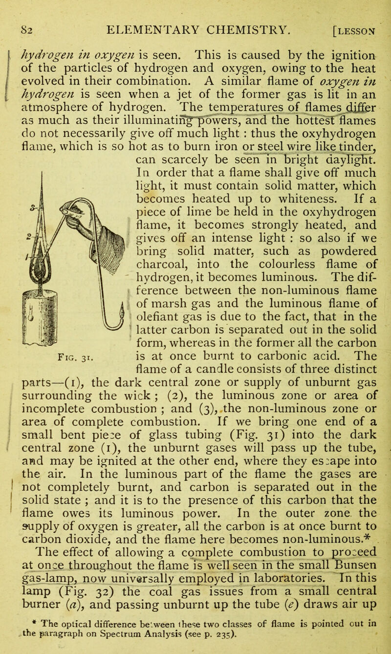 (hydrogen in oxygen is seen. This is caused by the ignition of the particles of hydrogen and oxygen, owing to the heat evolved in their combination. A similar flame of oxygen in hydrogen is seen when a jet of the former gas is lit in an atmosphere of hydrogen. The temperatures of flames differ as much as their illuminatin^powers, and the hottesT'flames do not necessarily give off much light : thus the oxyhydrogen flame, which is so hot as to burn iron or steel wire like tinder, can scarcely be seen in bright daylight. I n order that a flame shall give off much light, it must contain solid matter, which becomes heated up to whiteness. If a piece of lime be held in the oxyhydrogen flame, it becomes strongly heated, and gives off an intense light : so also if we bring solid matter, such as powdered charcoal, into the colourless flame of hydrogen, it becomes luminous. The dif- ference between the non-luminous flame of marsh gas and the luminous flame of olefiant gas is due to the fact, that in the latter carbon is separated out in the solid form, whereas in the former all the carbon is at once burnt to carbonic acid. The flame of a candle consists of three distinct parts—(i), the dark central zone or supply of unburnt gas surrounding the wick ; (2), the luminous zone or area of incomplete combustion ; and (3), the non-luminous zone or area of complete combustion. If we bring one end of a small bent piece of glass tubing (Fig. 31) into the dark central zone (1), the unburnt gases will pass up the tube, and may be ignited at the other end, where they es:ape into the air. In the luminous part of the flame the gases are 1 not completely burnt, and carbon is separated out in the solid state ; and it is to the presence of this carbon that the flame owes its luminous power. In the outer zone, the supply of oxygen is greater, all the carbon is at once burnt to carbon dioxide, and the flame here becomes non-luminous* The effect of allowing a complete combustion to proceed at once throughout the flame is well seen in the small Bunsen gas-lamp, now universally employed in laboratories. In this lamp (Fig. 32) the coal gas issues from a small central burner (a), and passing unburnt up the tube (e) draws air up * The optical difference between ihese two classes of flame is pointed out in - the paragraph on Spectrum Analysis (see p. 235).
