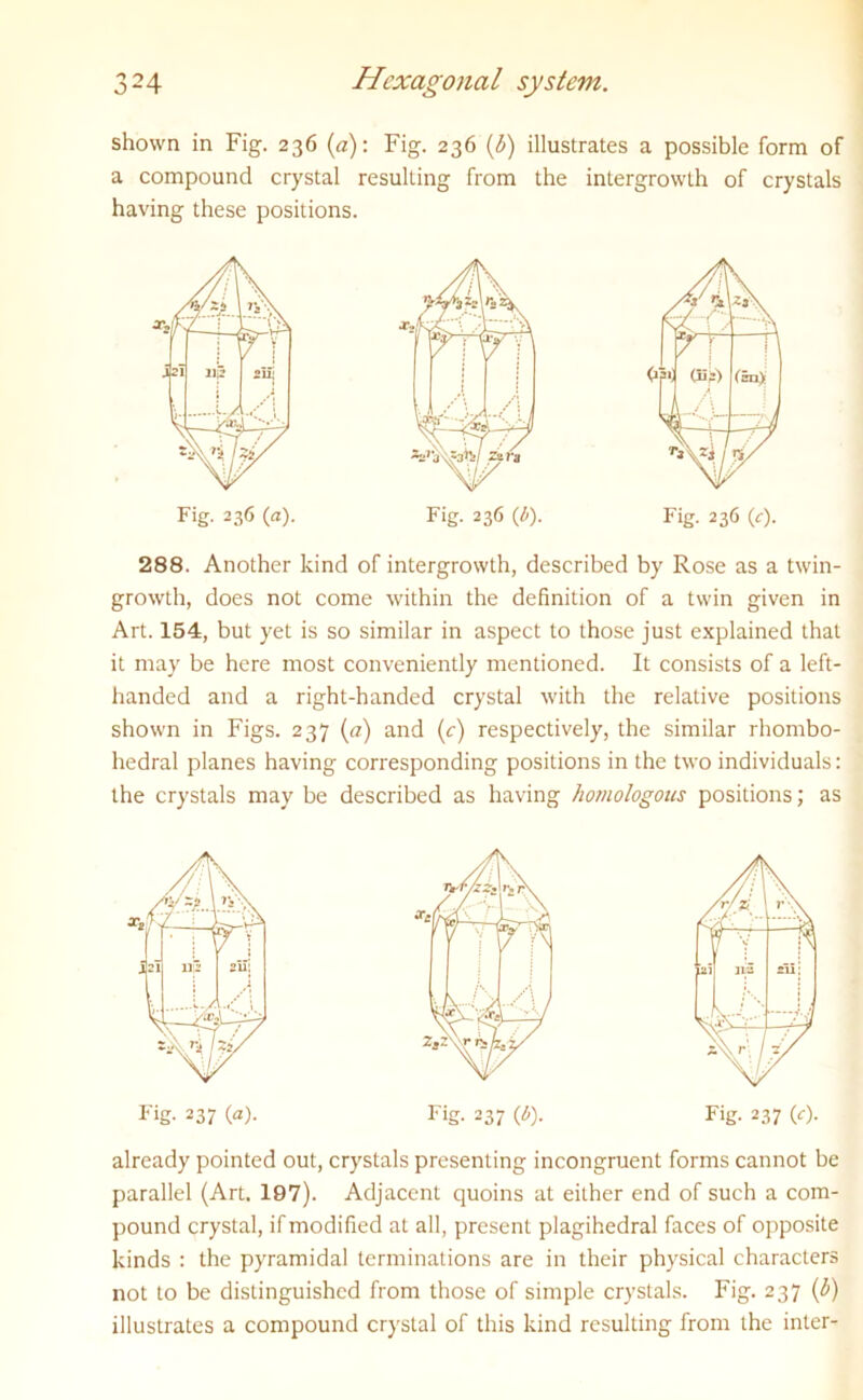 shown in Fig. 236 (a): Fig. 236 (b) illustrates a possible form of a compound crystal resulting from the intergrowlh of crystals having these positions. Fig. 236 (b). 288. Another kind of intergrowth, described by Rose as a twin- growth, does not come within the definition of a twin given in Art. 154, but yet is so similar in aspect to those just explained that it may be here most conveniently mentioned. It consists of a left- handed and a right-handed crystal with the relative positions shown in Figs. 237 (a) and (c) respectively, the similar rhombo- hedral planes having corresponding positions in the two individuals: the crystals may be described as having homologous positions; as Fig. 237 (a). Fig- 237 <J>)- Fig. 237 (c). already pointed out, crystals presenting incongruent forms cannot be parallel (Art. 197). Adjacent quoins at either end of such a com- pound crystal, if modified at all, present plagihedral faces of opposite kinds : the pyramidal terminations are in their physical characters not to be distinguished from those of simple crystals. Fig. 237 (b) illustrates a compound crystal of this kind resulting from the inter-