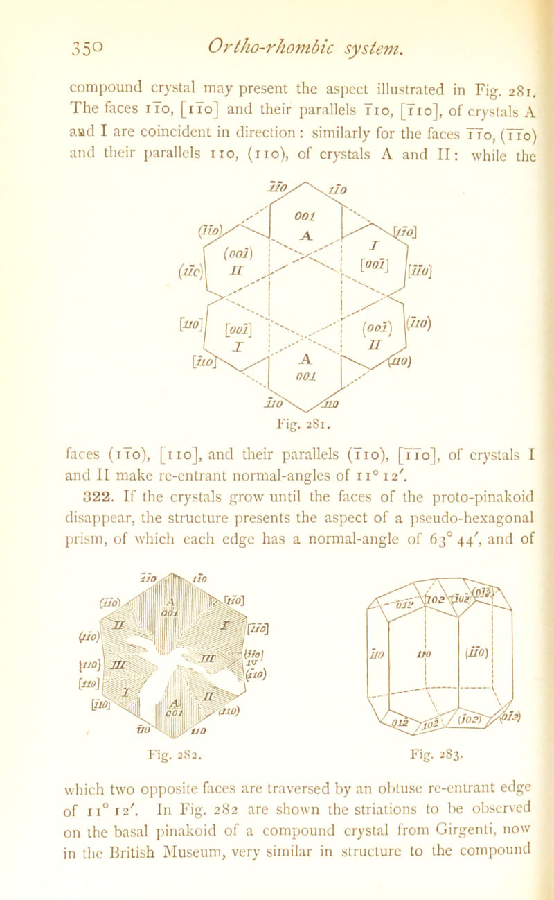 compound crystal may present the aspect illustrated in Fig. 281. The faces 1T0, [1T0] and their parallels 7io, [710], of crystals A aad I are coincident in direction: similarly for the faces 77o, (77o) and their parallels no, (no), of crystals A and II: while the faces (no), [no], and their parallels (7io), [77o], of crystals I and II make re-entrant normal-angles of n° 12'. 322. If the crystals grow until the faces of the proto-pinakoid disappear, the structure presents the aspect of a pseudo-hexagonal prism, of which each edge has a normal-angle of 63° 44', and of which two opposite faces are traversed by an obtuse re-entrant edge of ii° i2r. In Fig. 282 are shown the striations to be observed on the basal pinakoid of a compound crystal from Girgenti, now 001 A A 001 Fig. 281. Fig. 282. Fig. 283. in the British Museum, very similar in structure to the compound