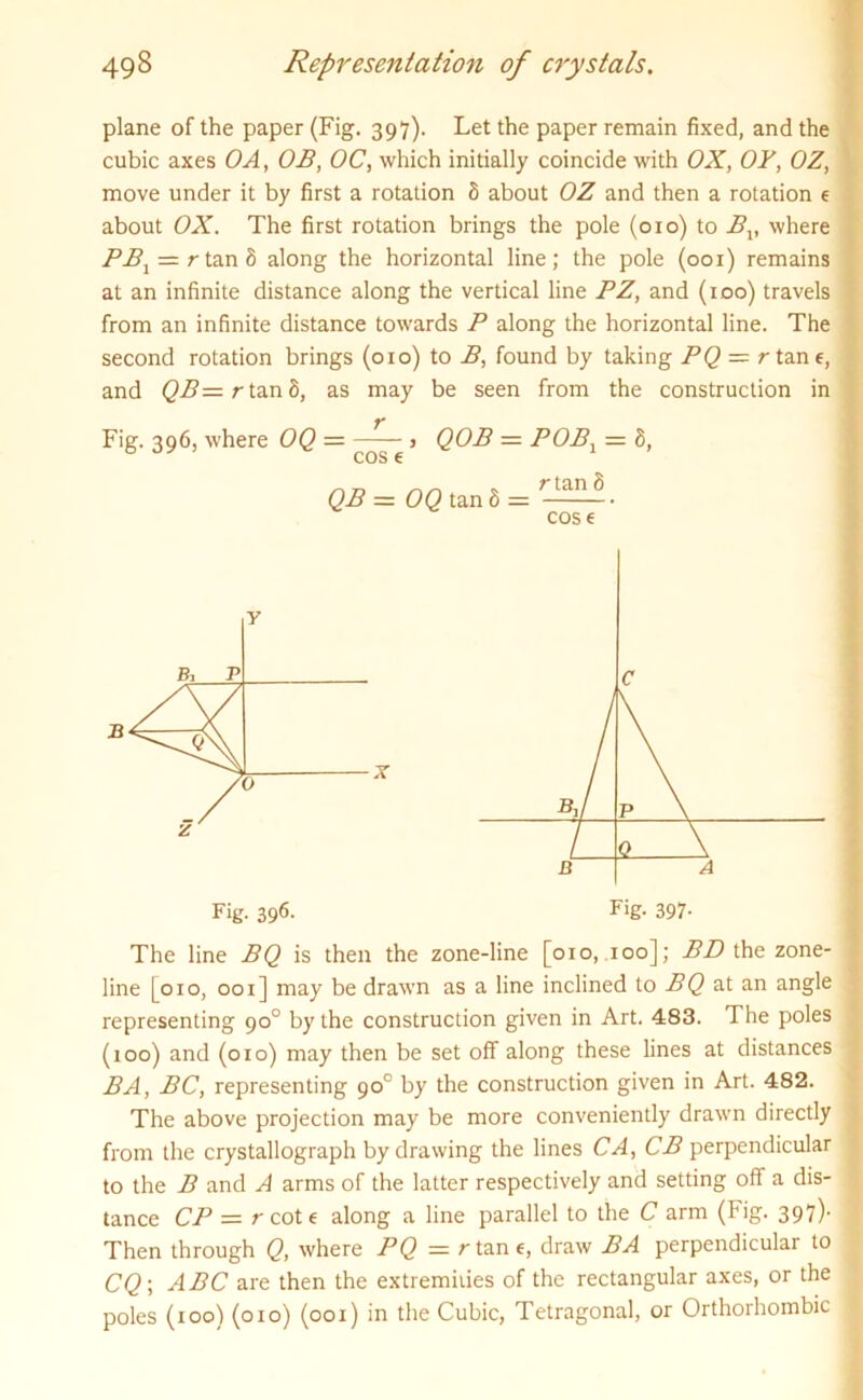 plane of the paper (Fig. 397). Let the paper remain fixed, and the cubic axes OA, OB, OC, which initially coincide with OX, OF, OZ, move under it by first a rotation 8 about OZ and then a rotation t about OX. The first rotation brings the pole (010) to Bv where PB1 = r tan 8 along the horizontal line; the pole (001) remains at an infinite distance along the vertical line PZ, and (100) travels from an infinite distance towards P along the horizontal line. The second rotation brings (010) to B, found by taking PQ = r tane, and QB= r tan 8, as may be seen from the construction in Fig. 396, where OQ = —> QOB = POB, = 8, cose QB= OQ tan 8 = . cose x Fig. 396. The line BQ is then the zone-line [010, 100]; BD the zone- line [010, 001] may be drawn as a line inclined to BQ at an angle representing 90° by the construction given in Art. 483. The poles (100) and (010) may then be set off along these lines at distances BA, BC, representing 90° by the construction given in Art. 482. The above projection may be more conveniently drawn directly from the crystallograph by drawing the lines CA, CB perpendicular to the B and A arms of the latter respectively and setting off a dis- tance CP — r cote along a line parallel to the C arm (Fig. 397)- Then through Q, where PQ = rtan e, draw BA perpendicular to CQ; ABC are then the extremities of the rectangular axes, or the