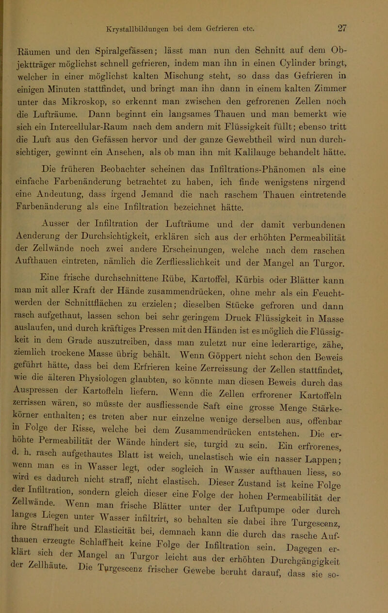 Räumen und den Spiralgefässen; lässt man nun den Schnitt auf dem Ob- jektträger möglichst schnell gefrieren, indem man ihn in einen Cylinder bringt, welcher in einer möglichst kalten Mischung steht, so dass das Gefrieren in einigen Minuten stattfindet, und bringt man ihn dann in einem kalten Zimmer unter das Mikroskop, so erkennt man zwischen den gefrorenen Zellen noch die Lufträume. Dann beginnt ein langsames Thauen und mau bemerkt wie sich ein Intercellular-Raum nach dem andern mit Flüssigkeit füllt; ebenso tritt die Luft aus den Gefässen hervor und der ganze Gewebtheil wird nun durch- sichtiger, gewinnt ein Ansehen, als ob man ihn mit Kalilauge behandelt hätte. Die früheren Beobachter scheinen das Infiltrations-Phänomen als eine einfache Farbenänderung betrachtet zu haben, ich finde wenigstens nirgend eine Andeutung, dass irgend Jemand die nach raschem Thauen eintretende Farbenänderung als eine Infiltration bezeichnet hätte. Ausser der Infiltration der Lufträume und der damit verbundenen Aenderung der Durchsichtigkeit, erklären sich aus der erhöhten Permeabilität der Zellwände noch zwei andere Erscheinungen, welche nach dem raschen Aufthauen eintreten, nämlich die Zerfliesslichkeit und der Mangel an Turgor. Eine frische durchschnittene Rübe, Kartoffel, Kürbis oder Blätter kann man mit aller Kraft der Hände zusammendrücken, ohne mehr als ein Feucht- weiden dei Schnittflächen zu erzielen; dieselben Stücke gefroren und dann lasch aufgethaut, lassen schon bei sehr geringem Druck Flüssigkeit in Masse auslaufen, und durch kräftiges Pressen mit den Händen ist es möglich die Flüssig- keit in dem Grade auszutreiben, dass man zuletzt nur eine lederartige, zähe ziemlich trockene Masse übrig behält. Wenn Göppert nicht schon den Beweis’ geführt hätte, dass bei dem Erfrieren keine Zerreissung der Zellen stattfindet, wie die alteren Physiologen glaubten, so könnte man diesen Beweis durch das Auspressen der Kartoffeln liefern. Wenn die Zellen erfrorener Kartoffeln zerrissen waren, so müsste der ausfliessende Saft eine grosse Menge Stärke- orner enthalten; es treten aber nur einzelne wenige derselben aus, offenbar in folge der Risse, welche bei dem Zusannnendrücken entstehen. Die er- ohte Permeabilität der Wände hindert sie, turgid zu sein. Ein erfrorenes c. h. rasch aufgethautes Blatt ist weich, unelastisch wie ein nasser Lappen • wenn man es in Wasser legt, oder sogleich in Wasser aufthauen liess, so ,r e, cadurch nicht straff, nicht elastisch. Dieser Zustand ist keine FoKe ZGhv TU w S°ndern gl6ich di6Ser dne F°Ige der hoheu Permeabilität der Zellwände. Wenn man frische Blätter unter der Luftpumpe oder durch ihre*Straffheit S° behalten sie dabei ihl'e Turgescenz, , ‘ * Unc P^astlc,tät bei, demnach kann die durch das rasche Auf thauen erzeugte Schlaffheit keine Folge der Infiltration sein. dl Zelihäute” D—r1 “ TT- leiCl; aS <kr erh6hlen D“rci>gängigkeit ie Tpigescenz frischer Gewebe beruht darauf, dass sie so-