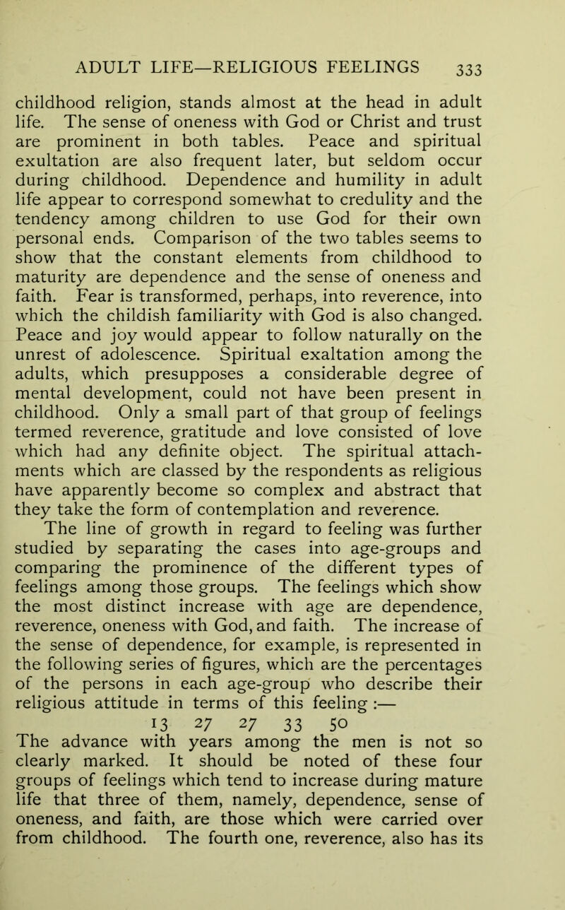 childhood religion, stands almost at the head in adult life. The sense of oneness with God or Christ and trust are prominent in both tables. Peace and spiritual exultation are also frequent later, but seldom occur during childhood. Dependence and humility in adult life appear to correspond somewhat to credulity and the tendency among children to use God for their own personal ends. Comparison of the two tables seems to show that the constant elements from childhood to maturity are dependence and the sense of oneness and faith. Fear is transformed, perhaps, into reverence, into which the childish familiarity with God is also changed. Peace and joy would appear to follow naturally on the unrest of adolescence. Spiritual exaltation among the adults, which presupposes a considerable degree of mental development, could not have been present in childhood. Only a small part of that group of feelings termed reverence, gratitude and love consisted of love which had any definite object. The spiritual attach- ments which are classed by the respondents as religious have apparently become so complex and abstract that they take the form of contemplation and reverence. The line of growth in regard to feeling was further studied by separating the cases into age-groups and comparing the prominence of the different types of feelings among those groups. The feelings which show the most distinct increase with age are dependence, reverence, oneness with God, and faith. The increase of the sense of dependence, for example, is represented in the following series of figures, which are the percentages of the persons in each age-group who describe their religious attitude in terms of this feeling :— 13 27 27 33 50 The advance with years among the men is not so clearly marked. It should be noted of these four groups of feelings which tend to increase during mature life that three of them, namely, dependence, sense of oneness, and faith, are those which were carried over from childhood. The fourth one, reverence, also has its