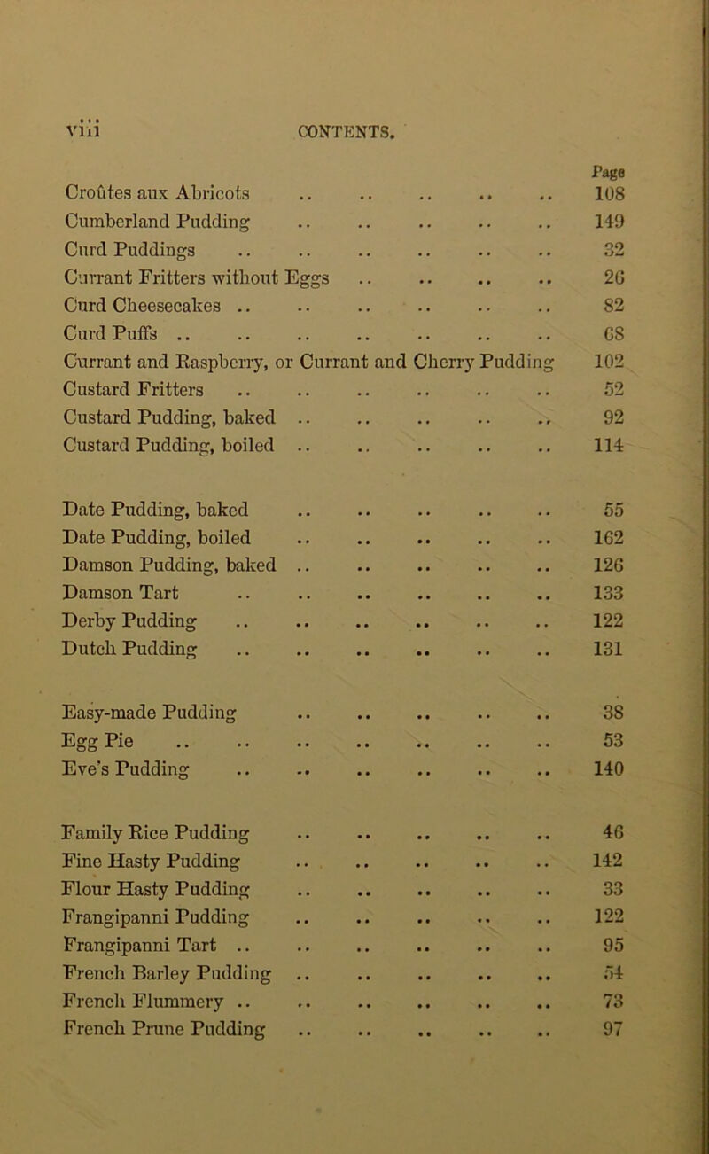 Crofites aux Abricots • • 0 0 Page 108 Cumberland Pudding . . . . . • 149 Curd Puddings . . . . . . 32 Cun-ant Fritters without Eggs . . • . • • • • 2G Curd Cheesecakes . . . . . . 82 Curd Puffs .. . . . . • • . • G8 Currant and Kaspberry, or Currant and Cherry Pudding 102 Custard Fritters . . . . . . 52 Custard Pudding, baked .. # . • . 92 Custard Pudding, boiled .. •• •• .. 114 Date Pudding, baked .. .. .. 55 Date Pudding, boiled . . • • • • ■ • 1G2 Damson Pudding, baked .. • • • . • • • • 12G Damson Tart • . • • • • 0 0 133 Derby Pudding • • • • .. 122 Dutch Pudding •• • • 0 0 00 131 Easy-made Pudding • • •• 0 0 38 Egg Pie • • • • 00 0 0 53 Eve’s Pudding •• • • 0 0 0 0 140 Family Eice Pudding # m 4G Fine Hasty Pudding . . • • 142 Flour Hasty Pudding • • • • 33 Frangipanni Pudding • • • • 122 Frangipanni Tart • • .. 95 French Barley Pudding • . o4 French Flummery .. .. M 73 French Prune Pudding 97