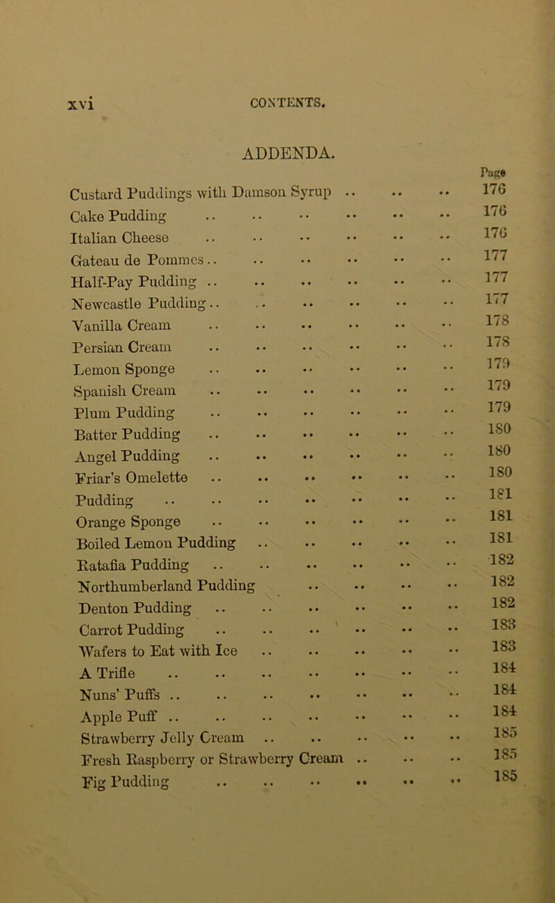 ADDENDA. Custard Puddings with Damson Syrup .. Cake Pudding Italian Cheese Gateau de Pommcs Plalf-Pay Pudding .. Newcastle Pudding.. Vanilla Cream Persian Cream Lemon Sponge Spanish Cream Plum Pudding Batter Pudding Angel Pudding Friar’s Omelette Pudding Orange Sponge Boiled Lemon Pudding Ratafia Pudding Northumberland Pudding Denton Pudding Carrot Pudding Wafers to Eat with Ice A Trifle Nuns’ Puffs Apple Puff Strawberry Jelly Cream Fresh Raspberry or Strawberry Cream .. Fig Pudding .. .. .. .. Page 17G 176 176 177 177 177 178 17S 170 179 179 ISO 180 180 181 181 181 182 182 182 183 183 181 181 181 185 185 185
