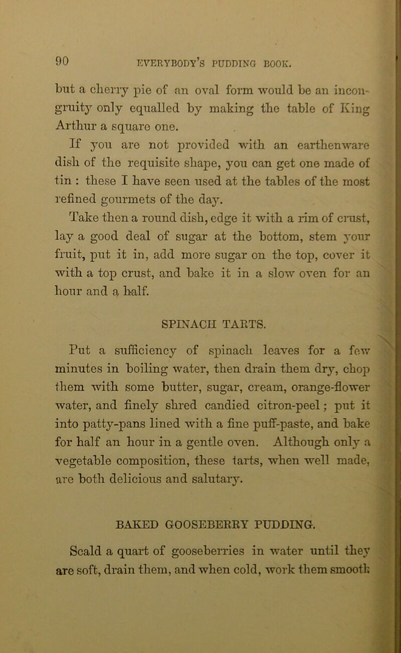 but a cherry pie of an oval form would be an incon- gruity only equalled by making the table of King Arthur a square one. If you are not provided with an earthenware dish of the requisite shape, you can get one made of tin : these I have seen used at the tables of the most refined gourmets of the day. Take then a round dish, edge it with a rim of crust, lay a good deal of sugar at the bottom, stem your fruit, put it in, add more sugar on the top, cover it with a top crust, and bake it in a slow oven for an hour and a half. SPINACH TARTS. Put a sufficiency of spinach leaves for a few minutes in boiling water, then drain them dry, chop them with some butter, sugar, cream, orange-flower water, and finely shred candied citron-peel; put it into patty-pans lined with a fine puff-paste, and bake for half an hour in a gentle oven. Although only a vegetable composition, these tarts, when well made, are both delicious and salutary. BAKED GOOSEBERRY PUDDING. Scald a quart of gooseberries in water until they are soft, drain them, and when cold, work them smooth
