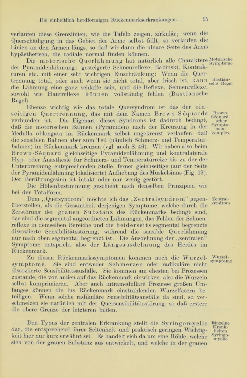 verlaufen diese Grenzlinien, wie die Tafeln zeigen, zirkulär; wenn die Querschädigung in das Gebiet der Arme selbst fällt, so verlaufen die Linien an den Armen längs, so daß wir dann die ulnare Seite des Arms hypästhetisch, die radiale normal finden können. Die motorische Querlähmung hat natürlich alle Charaktere der Pyramidenlähmung: gesteigerte Sehnenreflexe, Babinski, Kontrak- turen etc. mit einer sehr wichtigen Einschränkung: Wenn die Quer- trennung total, oder auch wenn sie nicht total, aber frisch ist, kann die Lähmung eine ganz schlaffe sein, und die Reflexe, Sehnenreflexe, sowohl wie Hautreflexe können vollständig fehlen (Bastiansche Regel). Ebenso wichtig wie das totale Quersyndrom ist das der ein- seitigen Quertrennung, das mit dem Namen Brown-S equards verbunden ist. Die Eigenart dieses Syndroms ist dadurch bedingt, daß die motorischen Bahnen (Pyramiden) nach der Kreuzung in der Medulla oblongata im Rückenmark selbst ungekreuzt verlaufen, daß die sensiblen Bahnen aber zum Teil (nämlich Schmerz- und Temperatur- bahnen) im Rückenmark kreuzen (vgl. auch S. 46). Wir haben also beim Brown-Sequard gleichseitige Pyramidenlähmung und kontralaterale Hyp- oder Anästhesie für Schmerz- und Temperaturreize bis zu der der Unterbrechung entsprechenden Stelle, ferner gleichseitige (auf der Seite der Pyramidenlähmung lokalisierte) Aufhebung des Muskelsinns (Fig. 19). Der Berührungssinn ist intakt oder nur wenig gestört. Die Höhenbestimmung geschieht nach denselben Prinzipien wie bei der Totalform. Dem „Quersyndrom“ möchte ich das „Zentralsyndrom“ gegen- überstellen, als die Gesamtheit derjenigen Symptome, welche durch die Zerstörung der grauen Substanz des Rückenmarks bedingt sind, das sind die segmental angeordneten Lähmungen, das Fehlen der Sehnen- reflexe in demselben Bereiche und die beiderseits segmental begrenzte dissoziierte Sensibilitätsstörung, während die sensible Querlähmung nur nach oben segmental begrenzt ist. Die Ausdehnung der „zentralen“ Symptome entspricht also der Längsausdehnung des Herdes im Rückenmark. Zu diesen Rückenmarkssymptomen kommen noch die Wurzel- symptome. Sie sind entweder Schmerzen oder radikuläre nicht dissoziierte Sensibilitätsausfälle. Sie kommen am ehesten bei Prozessen zustande, die von außen auf das Rückenmark ein wirken, also die Wurzeln selbst komprimieren. Aber auch intramedulläre Prozesse großen Um- fanges können die ins Rückenmark einstrahlenden Wurzelfasern be- teiligen. Wenn solche radikuläre Sensibilitätsausfälle da sind, so ver- schmelzen sie natürlich mit der Quersensibilitätsstörung, so daß erstere die obere Grenze der letzteren bilden. Den Typus der zentralen Erkrankung stellt die Syringomyelie dar, die entsprechend ihrer Seltenheit und praktisch geringen Wichtig- keit hier nur kurz erwähnt sei. Es handelt sich da um eine Höhle, welche sich von der grauen Substanz aus entwickelt, und welche in der grauen Motorische Symptome Bastian- sche Regel Brown - Söquard- scher Syrnpto- men- komplex Zentral- syndrom Wurzel - Symptome Einzelne Krank- heiten Syringo- myelie