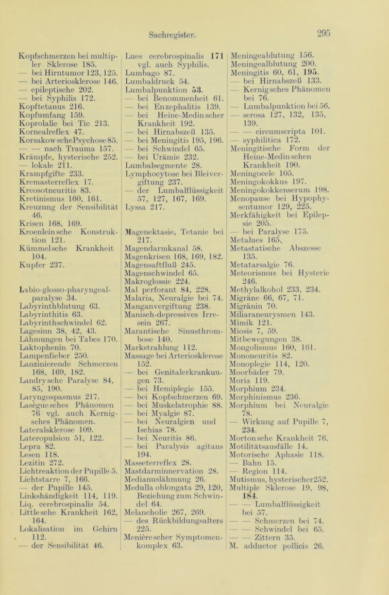 Kopfschmerzen bei multip- ler Sklerose 185. - bei Hirntumor 123, 125. — bei Arteriosklerose 146. — epileptische 202. — bei Syphilis 172. Kopftetanus 216. Kopfumfang 159. Koprolalie bei Tic 213. Kornealreflex 47. Korsakow schePsychose 85. nach Trauma 157. Krämpfe, hysterische 252. - lokale 211. Krampfgifte 233. Kremasterreflex 17. Kreosotneuritis 83. Kretinismus 160, 161. Kreuzung der Sensibilität 46. Krisen 168, 169. Ki •oenleinsche Konstruk- tion 121. Kümmel sehe Krankheit 104. Kupfer 237. Labio-glosso-pharyngeal- paralyse 34. Labyrinthblutung 63. Labyrinthitis 63. Labyrinthschwindel 62. Lagesinn 38, 42, 43. Lähmungen bei Tabes 170. Laktophenin 70. Lampenfieber 250. Lanzinierende Schmerzen 168, 169, 182. Landrysche Paralyse 84, 85, 190. Laryngospasmus 217. Lasegue sches Phänomen 76 vgl. auch Kernig- sches Phänomen. Lateralsklerose 109. Lateropulsion 51, 122. Lepra 82. Lesen 118. Lezitin 272. Lichtreaktion der Pupille 5. Lichtstarre 7, 166. der Pupille 145. Linkshändigkeit 114, 119. Liq. cerebrospinalis 54. Littlesche Krankheit 162, 164. Lokalisation im Gehirn 112. — der Sensibilität 46. Lues cerebrospinalis 171 vgl. auch Syphilis. j Lumbago 87. Lumbaldruck 54. | Lumbalpunktion 53. - bei Benommenheit 61. — bei Enzephalitis 139. — bei Heine-Medin scher Krankheit 192. — bei Hirnabszeß 135. - bei Meningitis 195, 196. - bei Schwindel 65. — bei Urämie 232. ! Lumbalsegmente 28. Lymphocytose bei Bleiver- giftung 237. - der Lumbalflüssigkeit 57, 127, 167, 169. Lyssa 217. Magenektasie, Tetanie bei 217. Magendarmkanal 58. Magenkrisen 168, 169, 182. Magensaft flu ß 245. Magenschwindel 65. Makroglossie 224. Mal perforant 84, 228. Malaria, Neuralgie bei 74. Manganvergiftung 238. Manisch-depressives Irre- sein 267. Marantische Sinusthrom- bose 140. Markstrahlung 112. Massage bei Arteriosklerose 152. — bei Genitalerkrankuu- gen 73. — bei Hemiplegie 155. — bei Kopfschmerzen 69. - bei Muskelatrophie 88. - bei Myalgie 87. — bei Neuralgien und Ischias 78. — bei Neuritis 86. - bei Paralysis agitans 194. Masseterreflex 28. Mastdarminnervation 28. Medianuslähmung 26. Medulla oblongata 29, 120, Beziehung zum Schwin- del 64. Melancholie 267, 269. - des Rückbildungsalters 225. Meniere scher Symptomen- komplex 63. Meningeablutung 156. Meningealblutung 200. Meningitis 60, 6l, 195. bei Hirnabszeß 133. Kernig sches Phänomen bei 76. Lumbalpunktion bei 56, - serosa 127, 132, 135, 139. circumscripta 101. — syphilitica 172. Meningitische Form der Heine-Medin sehen Krankheit 190. Meningocele 105. j Meningokokkus 197. Meningokokkenserum 198. Menopause bei Hypophy- sentumor 129, 225. Merkfähigkeit bei Epilep- sie 205. - bei Paralyse 175. Metalues 165.. Metastatische Abszesse 135. Metatarsalgie 76. Meteorismus bei Hysterie 246. Methylalkohol 233, 234. Migräne 66, 67, 71. Migränin 70. Miliaraneurysmen 143. Mimik 121.' Miosis 7, 59. Mitbewegungen 38. Mongolismus 160, 161. Mononeuritis 82. Monoplegie 114, 120. Moorbäder 79. Moria 119. Morphium 234. Morphinismus 236. Morphium bei Neuralgie 78. - Wirkung auf Pupille 7, 234. Morton sehe Krankheit 76. Motilitätsausfälle 14. Motorische Aphasie 118. — Bahn 15. Region 114. Mutismus, hysterischer252. Multiple Sklerose 19, 98. 184. Lumbalflüssigkeit bei 57. - Schmerzen bei 74. - —- Schwindel bei 65. Zittern 35. M. adductor pollicis 26.