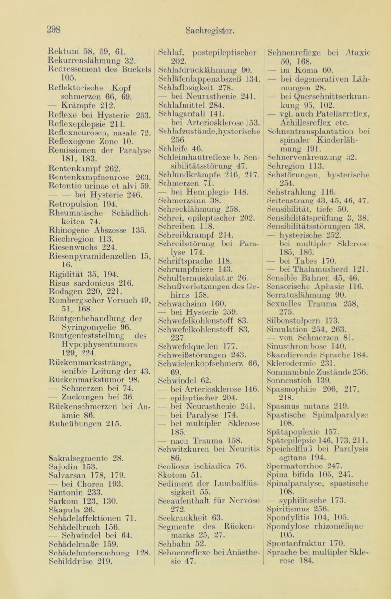 Rektum 58, 59, 61. Rekurrenslähmung 32. Redressement des Buckels 105. Reflektorische Kopf- schmerzen 66, 69. Krämpfe 212. Reflexe bei Hysterie 253. Reflexepilepsie 211. Reflexneurosen, nasale 72. Reflexogene Zone 10. Remissionen der Paralvse 181, 183. Rentenkampf 262. Rentenkampfneurose 263. Retentio urinae et alvi 59. bei Hysterie 246. Retropulsion 194. Rheumatische Schädlich- keiten 74. Rhinogcne Abszesse 135. Riechregion 113. Riesenwuchs 224. Riesenpyramidenzellen 15, 16. Rigidität 35, 194. Risus sardonicus 216. Rodagen 220, 221. Romberg scher Versuch 49, 51, 168. Röntgenbehandlung der Syringomyelie 96. Röntgenfeststellung des Hvpophysentumors 129, 224. Rückenmarksstränge, senible Leitung der 43. Rückenmarkstumor 98. — Schmerzen bei 74. — Zuckungen bei 36. Rückenschmerzen bei An- ämie 86. Ruheübungen 215. Sakralsegmente 28. Sajodin 153. Salvarsan 178, 179. — bei Chorea 193. Santonin 233. Sarkom 123, 130. Skapula 26. Schädelaffektionen 71. Schädelbruch 156. — Schwindel bei 64. Schädelmaße 159. Schädeluntersuchung 128. Schilddrüse 219. Schlaf, postepileptischer 202. Schlafdrucklähmung 90. Schläfenlappenabszeß 134. Schlaflosigkeit 278. - bei Neurasthenie 241. Schlafmittel 284. Schlaganfall 141. - bei Arteriosklerose 153. Schlafzustände,hysterische 256. Schleife 46. Schleimhautreflexe b. Sen- sibilitätsstörung 47. Schlundkrämpfe 216, 217. Schmerzen 71. bei Hemiplegie 148. Schmerzsinn 38. Schrecklähmung 258. Schrei, epileptischer 202. Schreiben 118. Schreibkrampf 214. Schreibstörung bei Para- lyse 174. Schriftsprache 118. Schrumpfniere 143. Schultermuskulatur 26. Schußverletzungen des Ge- hirns 158. Schwachsinn 160. - bei Hysterie 259. Schwefelkohlenstoff 83. Schwefelkohlenstoff 83, 237. Schwefelquellen 177. Schweißstörungen 243. Schwielenkopfschmerz 66, 69. Schwindel 62. — bei Arteriosklerose 146. — epileptischer 204. — bei Neurasthenie 241. - bei Paralyse 174. — bei multipler Sklerose 185. — nach Trauma 158. Schwitzkuren bei Neuritis 86. Scoliosis ischiadica 76. Skotom 51. Sediment der Lumbalflüs- sigkeit 55. Seeaufenthalt für Nervöse 272. Seekrankheit 63. Segmente des Rücken- marks 25, 27. Sehbahn 52. Sehnenreflexe bei Anästhe- sie 47. Sehnenreflexe bei Ataxie 50, 168. im Koma 60. - bei degenerativen Läh- mungen 28. - bei Querschnittserkran- kung 95, 102. — vgl. auch Patellarreflex, Achillesreflex etc. Sehnentransplantation bei spinaler Kinderläh- mung 191. Sehnervenkreuzung 52. Sehregion 113. Sehstörungen, hysterische 254. Sehstrahlung 116. Seitenstrang 43, 45, 46, 47. Sensibilität, tiefe 50. Sensibilitätsprüfung 3, 38. Sensibilitätsstörungen 38. - hysterische 252. — bei multipler Sklerose 185, 186. — bei Tabes 170. — bei Thalamusherd 121. Sensible Bahnen 45, 46. Sensorische Aphasie 116. Serratuslähmung 90. Sexuelles Trauma 258, 275. Silbenstolpern 173. Simulation 254, 263. — von Schmerzen 81. Sinusthrombose 140. Skandierende Sprache 184. Sklerodermie 231. Somnambule Zustände 256. Sonnenstich 139. Spasmophilie 206, 217, 218. Spasmus nutans 219. Spastische Spinalparalyse 108. Spätapoplexie 157. Spätepilepsie 146.173, 211. Speichelfluß bei Paralysis agitans 194. Spermatorrhoe 247. Spina bifida 105, 247. Spinalparalyse, spastische 108. syphilitische 173. Spiritismus 256. Spondylitis 104, 105. Spondylose rhizomelique 105. Spontanfraktur 170. Sprache bei multipler Skle- rose 184.