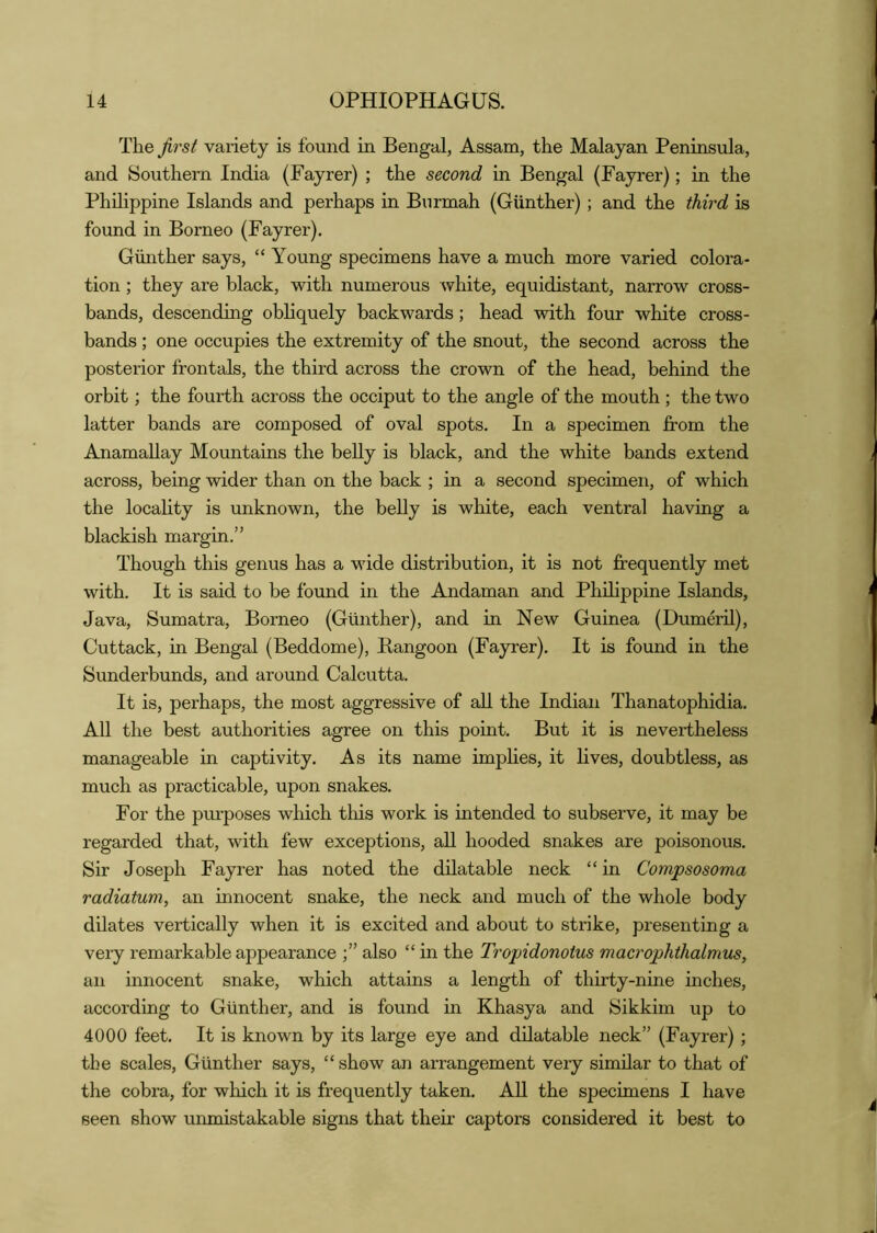 The first variety is found in Bengal, Assam, the Malayan Peninsula, and Southern India (Fayrer) ; the second in Bengal (Fayrer); in the Philippine Islands and perhaps in Bnrmah (Gunther) ; and the third is found in Borneo (Fayrer). Gunther says, “ Young specimens have a much more varied colora- tion ; they are black, with numerous white, equidistant, narrow cross- bands, descending obliquely backwards; head with four white cross- bands ; one occupies the extremity of the snout, the second across the posterior frontals, the third across the crown of the head, behind the orbit; the fourth across the occiput to the angle of the mouth; the two latter bands are composed of oval spots. In a specimen from the AnamaUay Mountains the belly is black, and the white bands extend across, being wider than on the back ; in a second specimen, of which the locahty is unknown, the belly is white, each ventral having a blackish margin.” Though this genus has a wide distribution, it is not frequently met with. It is said to be found in the Andaman and Philippine Islands, Java, Sumatra, Borneo (Gunther), and in New Guinea (Dumeril), Cuttack, in Bengal (Beddome), Bangoon (Fayrer). It is found in the Sunderbunds, and around Calcutta. It is, perhaps, the most aggressive of all the Indian Thanatophidia. All the best authorities agree on this point. But it is nevertheless manageable in captivity. As its name implies, it lives, doubtless, as much as practicable, upon snakes. For the purposes which this work is intended to subserve, it may be regarded that, with few exceptions, all hooded snakes are poisonous. Sir Joseph Fayrer has noted the dilatable neck “in Compsosoma radiatum, an innocent snake, the neck and much of the whole body dilates vertically when it is excited and about to strike, presenting a veiy remarkable appearance also “ in the Tropidonotus macrophthalmus, an innocent snake, which attains a length of thirty-nine inches, according to Gunther, and is found in Khasya and Sikkim up to 4000 feet. It is known by its large eye and dilatable neck” (Fayrer) ; the scales, Gunther says, “ show an arrangement very similar to that of the cobra, for which it is frequently taken. AU the specimens I have seen show unmistakable signs that their captors considered it best to