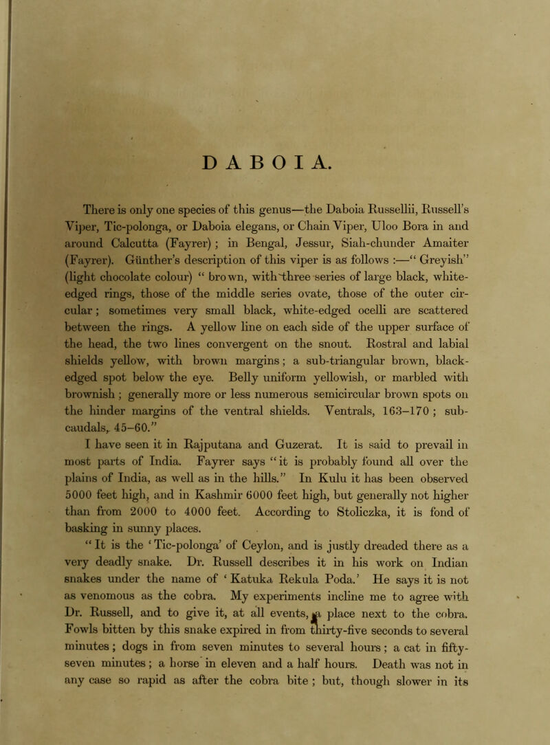 There is only one species of this genus—the Daboia Russellii, Russell’s Vi})er, Tic-polonga, or Daboia elegans, or Chain Viper, Uloo Bora in and around Calcutta (Fayrer) ; in Bengal, Jessur, Siah-chunder Amaiter (Fayrer). Gunther’s description of this viper is as follows :—“ Greyish” (light chocolate colour) “ brown, withdhree series of large black, white- edged rings, those of the middle series ovate, those of the outer cir- cular ; sometimes very small black, white-edged ocelli are scattered between the rings. A yellow line on each side of the upper surface of the head, the two lines convergent on the snout. Rostral and labial shields yellow, with brown margins; a sub-triangular brown, black- edged spot below the eye. BeUy uniform yellowish, or marbled with brownish ; generally more or less numerous semicircular brown spots on the hinder margins of the ventral shields. Ventrals, 163-170 ; sub- caudalsy 45-60.” I have seen it in Raj putana and Guzerat. It is said to prevail in most parts of India. Fayrer says “it is probably found all over the plains of India, as well as in the hills.” In Kulu it has been observed 5000 feet high, and in Kashmir 6000 feet high, but generally not higher than from 2000 to 4000 feet. Accordmg to Stoliczka, it is fond of basking in sunny places. “ It is the ‘ Tic-polonga’ of Ceylon, and is justly dreaded there as a very deadly snake. Dr. Russell describes it in his work on Indian snakes under the name of ‘ Katuka Rekula Poda.’ He says it is not as venomous as the cobra. My experiments incline me to agree with Dr. Russell, and to give it, at all events,^ place next to the cobra. Fowls bitten by this snake expired in from thirty-five seconds to several minutes; dogs in from seven minutes to several hours; a cat in fifty- seven minutes ; a horse in eleven and a half hours. Death was not in any case so rapid as after the cobra bite ; but, though slower in its