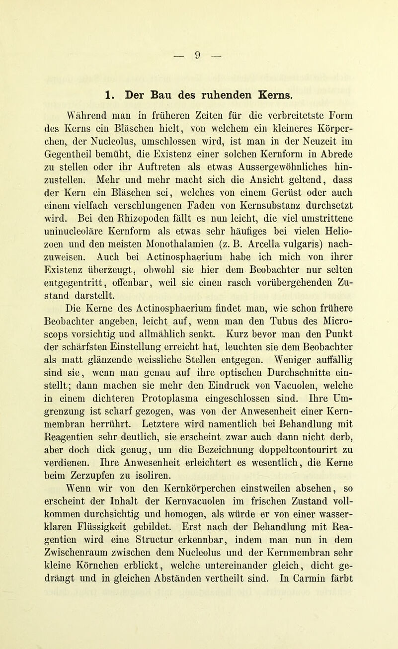 1. Der Bau des ruhenden Kerns. Während man in früheren Zeiten für die verbreitetste Form des Kerns ein Bläschen hielt, von welchem ein kleineres Körper- chen, der Nucleolus, umschlossen wird, ist man in der Neuzeit im Gegentheil bemüht, die Existenz einer solchen Kernform in Abrede zu stellen oder ihr Auftreten als etwas Aussergewöhnliches hin- zustellen. Mehr und mehr macht sich die Ansicht geltend, dass der Kern ein Bläschen sei, welches von einem Gerüst oder auch einem vielfach verschlungenen Faden von Kernsubstanz durchsetzt wird. Bei den Rhizopoden fällt es nun leicht, die viel umstrittene uninucleoläre Kernform als etwas sehr häufiges bei vielen Helio- zoen und den meisten Monothalamien (z. B. Arcella vulgaris) nach- zuweisen. Auch bei Actinosphaerium habe ich mich von ihrer Existenz überzeugt, obwohl sie hier dem Beobachter nur selten entgegentritt, offenbar, weil sie einen rasch vorübergehenden Zu- stand darstellt. Die Kerne des Actinosphaerium findet man, wie schon frühere Beobachter angeben, leicht auf, wenn man den Tubus des Micro- scops vorsichtig und allmählich senkt. Kurz bevor man den Punkt der schärfsten Einstellung erreicht hat, leuchten sie dem Beobachter als matt glänzende weissliche Stellen entgegen. Weniger auffällig sind sie, wenn man genau auf ihre optischen Durchschnitte er- stellt; dann machen sie mehr den Eindruck von Yacuolen, welche in einem dichteren Protoplasma eingeschlossen sind. Ihre Um- grenzung ist scharf gezogen, was von der Anwesenheit einer Kern- membran herrührt. Letztere wird namentlich bei Behandlung mit Reagentien sehr deutlich, sie erscheint zwar auch dann nicht derb, aber doch dick genug, um die Bezeichnung doppeltcontourirt zu verdienen. Ihre Anwesenheit erleichtert es wesentlich, die Kerne beim Zerzupfen zu isoliren. Wenn wir von den Kernkörperchen einstweilen absehen, so erscheint der Inhalt der Kernvacuolen im frischen Zustand voll- kommen durchsichtig und homogen, als würde er von einer wasser- klaren Flüssigkeit gebildet. Erst nach der Behandlung mit Rea- gentien wird eine Structur erkennbar, indem man nun in dem Zwischenraum zwischen dem Nucleolus und der Kernmembran sehr kleine Körnchen erblickt, welche untereinander gleich, dicht ge- drängt und in gleichen Abständen vertheilt sind. In Carmin färbt