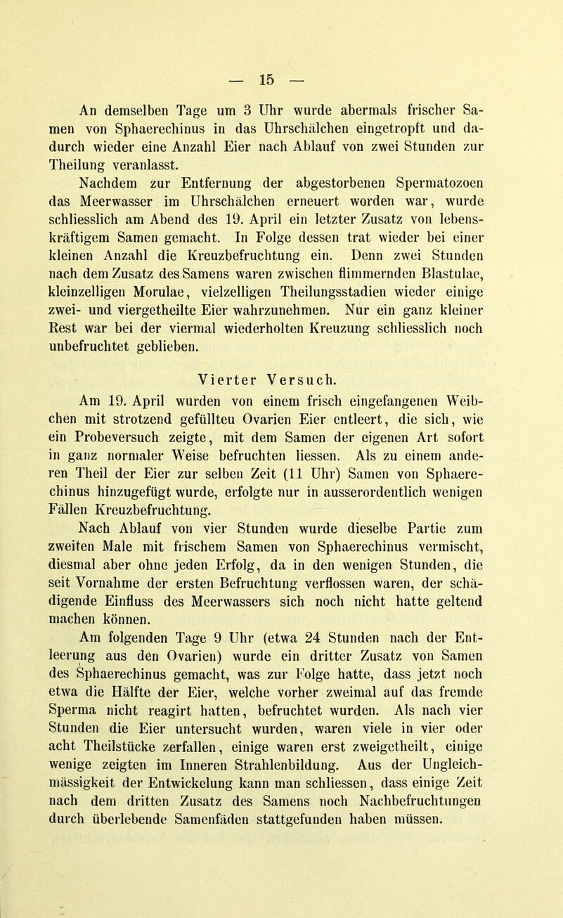 An demselben Tage um 3 Uhr wurde abermals frischer Sa- men von Sphaerechinus in das Uhrschälchen eingetropft und da- durch wieder eine Anzahl Eier nach Ablauf von zwei Stunden zur Theilung veranlasst. Nachdem zur Entfernung der abgestorbenen Spermatozoen das Meerwasser im Uhrschälchen erneuert worden war, wurde schliesslich am Abend des 19. April ein letzter Zusatz von lebens- kräftigem Samen gemacht. In Folge dessen trat wieder bei einer kleinen Anzahl die Kreuzbefruchtung ein. Denn zwei Stunden nach dem Zusatz des Samens waren zwischen flimmernden Blastulae, kleinzelligen Morulae, vielzelligen Theilungsstadien wieder einige zwei- und viergetheilte Eier wahrzunehmen. Nur ein ganz kleiner Rest war bei der viermal wiederholten Kreuzung schliesslich noch unbefruchtet geblieben. Vierter Versuch. Am 19. April wurden von einem frisch eingefangenen Weib- chen mit strotzend gefüllteu Ovarien Eier entleert, die sich, wie ein Probeversuch zeigte, mit dem Samen der eigenen Art sofort in ganz normaler Weise befruchten Hessen. Als zu einem ande- ren Theil der Eier zur selben Zeit (11 Uhr) Samen von Sphaere- chinus hinzugefügt wurde, erfolgte nur in ausserordentlich wenigen Fällen Kreuzbefruchtung. Nach Ablauf von vier Stunden wurde dieselbe Partie zum zweiten Male mit frischem Samen von Sphaerechinus vermischt, diesmal aber ohne jeden Erfolg, da in den wenigen Stunden, die seit Vornahme der ersten Befruchtung verflossen waren, der schä- digende Einfluss des Meerwassers sich noch nicht hatte geltend machen können. Am folgenden Tage 9 Uhr (etwa 24 Stunden nach der Ent- leerung aus den Ovarien) wurde ein dritter Zusatz von Samen des Sphaerechinus gemacht, was zur Folge hatte, dass jetzt noch etwa die Hälfte der Eier, welche vorher zweimal auf das fremde Sperma nicht reagirt hatten, befruchtet wurden. Als nach vier Stunden die Eier untersucht wurden, waren viele in vier oder acht Theilstücke zerfallen, einige waren erst zweigetheilt, einige wenige zeigten im Inneren Strahlenbildung. Aus der Ungleich- mässigkeit der Entwickelung kann man schliessen, dass einige Zeit nach dem dritten Zusatz des Samens noch Nachbefruchtungen durch überlebende Samenfäden stattgefunden haben müssen.