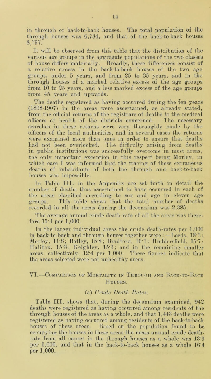 in through or back-to-back houses. The total population of the through houses was 6,784, and that of the back-to-back houses 8,797. It will be observed from this table that the distribution of the various age groups in the aggregate populations of the two classes of house differs materially. Broadly, these differences consist of a relative excess in the back-to-back houses of the two age groups, under 5 years, and from 25 to 35 years, and in the through houses of a marked relative excess of the age groups from 10 to 25 years, and a less marked excess of the age groups from 45 years and upwards. The deaths registered as having occurred during the ten years (1898-1907) in the areas were ascertained, as already stated, from the official returns of the registrars of deaths to the medical officers of health of the districts concerned. The necessary searches in these returns were very thoroughly made by the officers of the local authorities, and in several cases the returns were examined more than once in order to ensure that deaths had not been overlooked. The difficulty arising from deaths in public institutions was successfully overcome in most areas, the only important exception in this respect being Morley, in which case I was informed that the tracing of these extraneous deaths of inhabitants of both the through and back-to-back houses was impossible. In Table III. in the Appendix are set forth in detail the number of deaths thus ascertained to have occurred in each of the areas classified according to sex and age in eleven age groups. This table shows that the total number of deaths recorded in all the areas during the decennium was 2,385. The average annual crude death-rate of all the areas was there- fore 15‘3 per 1,000. In the larger individual areas the crude death-rates per 1,000 in back-to-back and through houses together were :—Leeds, 18*3; Morley, 11*8; Batley, .15*8; Bradford, 161: Huddersfield, 15*7; Halifax, 15*3; Keighley, 15*3; and in the remaining smaller areas, collectively, 124 per 1,000. These figures indicate that the areas selected were not unhealthy areas. VI.—Comparison of Mortality in Through and Back-to-Back Houses. (a) Crude Death Rates. Table III. shows that, during the decennium examined, 942 deaths were registered as having occurred among residents of the through houses of the areas as a whole, and that 1,443 deaths were registered as having occurred among residents of the back-to-back houses of these areas. Based on the population found to be occupying the houses in these areas the mean annual crude death- rate from all causes in the through houses as a whole was 139 per 1,000, and that in the back-to-back houses as a whole 1G'4 per 1,000.