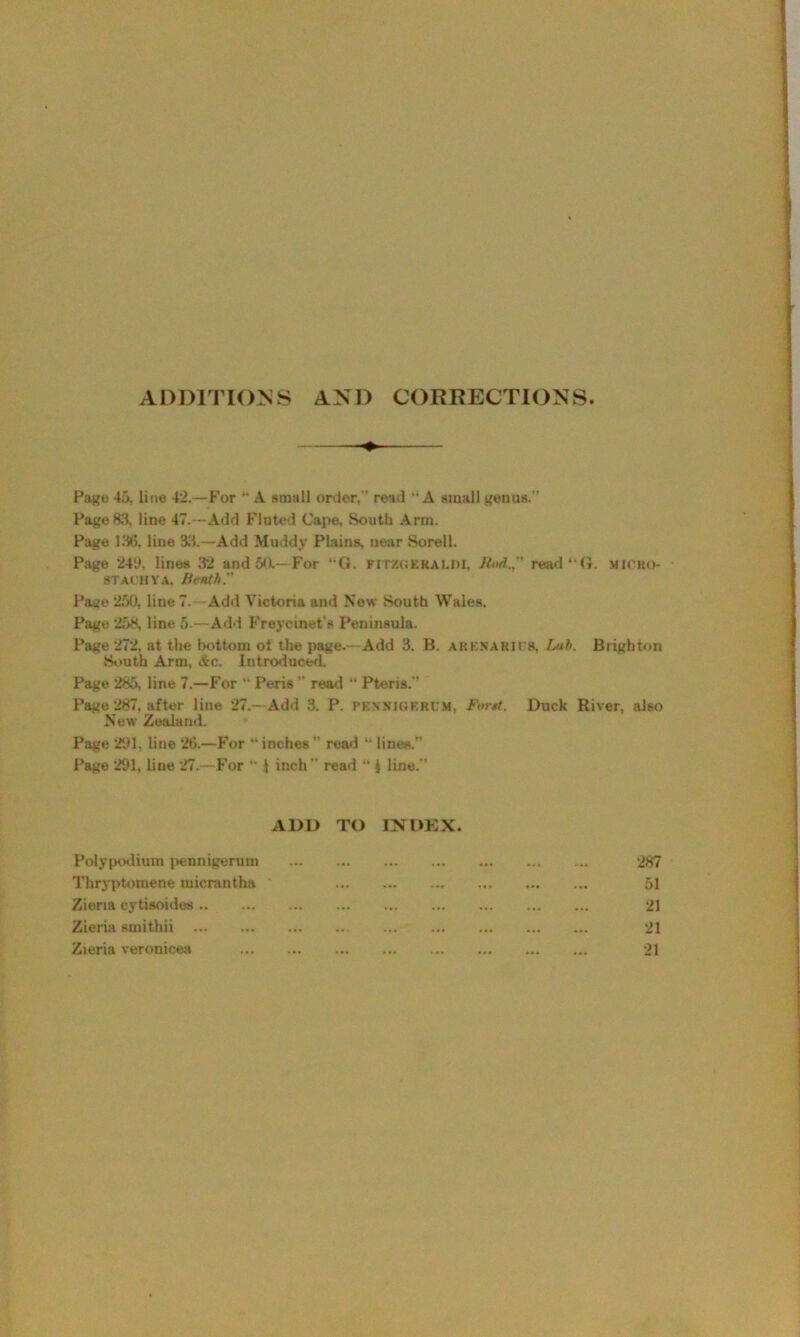 ADDITIONS AND CORRECTIONS ♦ Page 45, line 42.—For  A small order,” read “A small genus.” Page 83, line 47.~Add Fluted Cape, South Arm. Page 136, line 3.4.—Add Muddy Plains, near Sorell. Page 249, lines 32 and 50.— For liQ. fitzgeraldi, ltod. read “G. MICRO- 8TACHYA, lit-nth. Page 250, line 7.—Add Victoria and New South Wales. Page 25S, line 5.—Add Freycinet's Peninsula. Page 272, at the bottom ot the page.—Add 3. B. arenarii s, Lab. Brighton South Arm, &c. Introducer! Page 285, line 7.—For “ Peris ” read “ Pteris.” Page 287, after line 27.—Add 3. P. pennjof.rCm, Font. Duck River, also New Zealand. Page 291, line 26.—For inches” read “lines.” Page 291, line 27.—For  1 inch ” read “ i line.” ADD TO INDEX. Polypodium pennigerum Thryptoinene micrantha Zieria cytisoides Zieria smithii Zieria veronicea 287 51 21 21 21