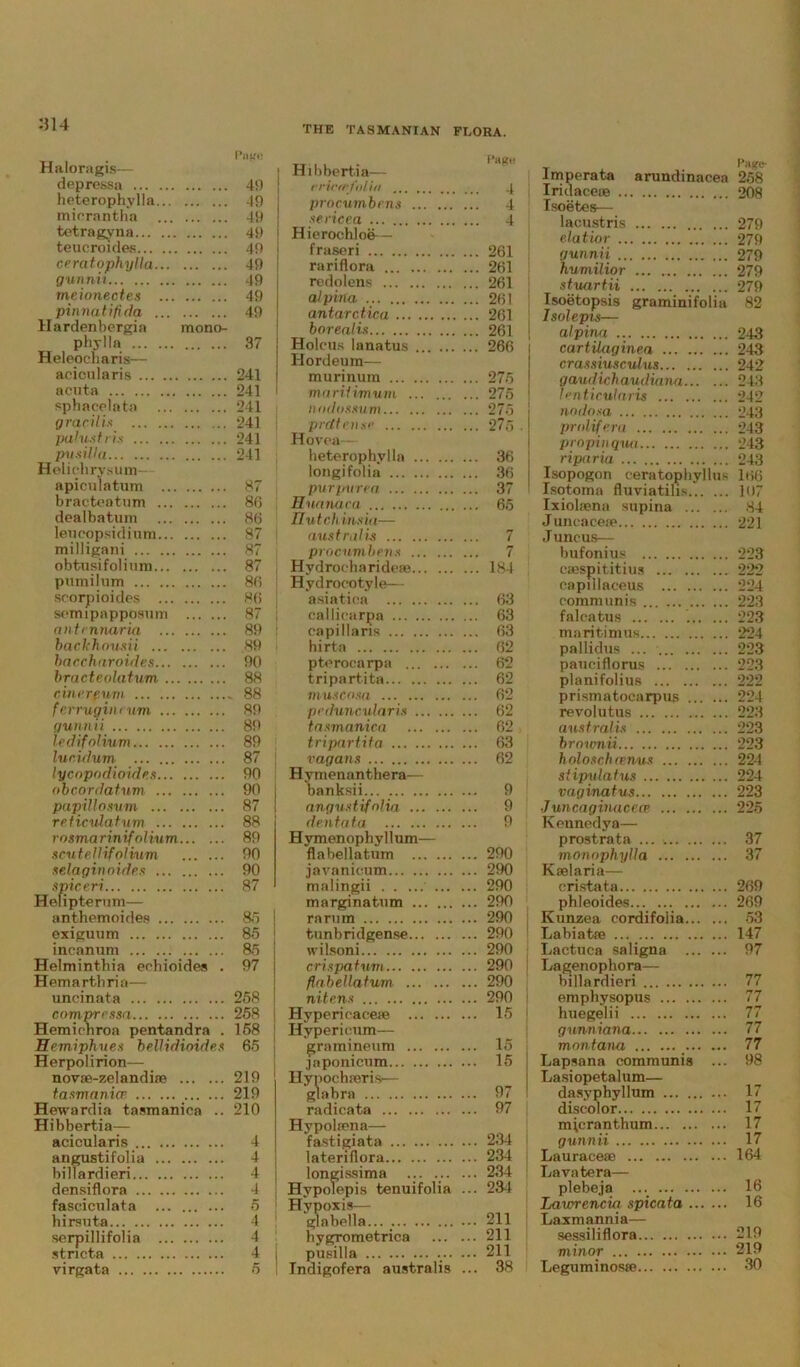 H4 THE TASMANIAN FLORA. PttgG Haloragis-— depressa 49 heterophylla 49 miorantha 49 tetragyna 49 teucroides 49 ceratophylla 49 gunnii 49 meionectes 49 pinnatifida 49 Hardenbergia mono- phylla 37 Heleocbaris— acicularis 241 acuta 241 sphacelata 241 gracilis 241 palustris 241 pusilla 241 Heliclirysum— apiculatum 87 bractoatum 86 dealbatum 86 leneopsidium 87 railligani 87 obtusifolium 87 pumilum 86 scorpioides 86 somipapposum 87 antrnnaria 89 backkousii 89 baccharoides 90 bracteolatum 88 cinerpum 88 f errugincum 89 gunnii 89 ledifoli/um 89 lucidum 87 lycopodioides 90 obcordatum 90 papillosum 87 reticulatum 88 rosmarinifolium 89 scutellifolium 90 selaginaides 90 spiceri 87 Helipterum— anthemoides 85 exiguum 85 incanum 85 Helminthia echioideA . 97 Hemarfchria— uncinata 258 compressa 258 Hemichroa pentandra . 158 Hemiphues bellidioides 65 Herpolirion— novse-zelandise 219 tasmanicr 219 Hewardia tasmanica .. 210 Hibbertia— acicularis 4 angustifolia 4 billardieri 4 densiflora 4 fasciculata 5 hirsuta 4 serpillifolia 4 stricta 4 virgata 5 i Hibbertia— Page c rirfr folia . . ... 4 procumbrns ... 4 sericea Hierochloe— fraseri . ... 261 rari flora ... 261 reddens ... 261 alpbta antarctica . ... 261 borealis . ... 261 Holcus lanatus . ... 266 Hordeum— murinura ... 275 marHimum ... 275 nodossum ... 275 prdtense ... 275 Hovca— heterophvlla ... 36 longifolia ... 36 purpurea ... 37 Huanaca . ... 65 Tlutchinsia— australis ... 7 procumbens Hydroebaridere ... 184 Hydrocotyle— asiatica callicarpa . ... 63 capillaris ... 63 hirta ... 62 pterocarpa ... 62 tripartita ... 62 muscosa ... 62 pcduncularis , ... 62 tasmanica ... 62 tripartita ... 63 vagans ... 62 Hymenanthera— banksii ... 9 angustifolia ... 9 dentat a 9 Hymenophyllum— flabellatum 290 javanicum 290 malingii 290 marginatum 290 rarum 290 tunbridgense 290 wilsoni 290 ( cri spat urn 290 I flabellatum ... 290 nitens 290 Hypericacese 15 Hypericum— gramineum 15 jnponicum 15 llypochieris— glabra 97 radicata 97 Hypolsena— fastigiata 234 lateriflora 234 longissima ... ... ... 234 j Hypolepis tenuifolia ... 234 Hypoxis— glabella... . 211 hygrometrica 211 pusilla ._ 211 Indigofera australis ... 38 Imperata arundinacea 258 IridaceiB 208 Isoetes— lacustris 279 elatior 279 gunnii 279 humilior ... 279 stuartii 279 Isoetopsis graminifolia 82 Isolepis— alpitui 243 cartilaginea 243 crassiusculus 242 aaudichaudiana 243 lenticularis 242 nodosa 243 prnlife.ru 243 propin qua 243 riparia 243 Isopogon ceratophyllus 166 Isotoma fluviatilis 107 Ixiolaena supina 84 Jimcacere 221 J uncus— bufonius 223 casspititius 222 capiilaceus 224 communis 223 falcatus 223 maritimus 224 pallidus ... 223 pauciflorus 223 planifolius 222 prismatocarpus 224 revolutus 223 australis 223 brnumii 223 holoschcenus 224 siipulatus 224 vaginatus 223 Juncaginacece 225 Kennedya— prostrata ... 37 monophylla 37 Kmlaria— cristata 269 phleoides 269 Kunzea cordifolia 53 Labiatse 147 Lactuca saligna 97 Lagenophora— billardieri 77 emphysopus 77 huegelii 77 gunniana 77 montana _ 77 Lapsana communis ... 98 Lasiopetalum— dasyphyllum 17 discolor 17 m\cranthum 17 gunnii 17 Lauracese 164 Lavatera— plebeja ... 16 Lawrencia spicata 16 Laxmannia— sessiliflora 219 minor 219 Leguminosse 30