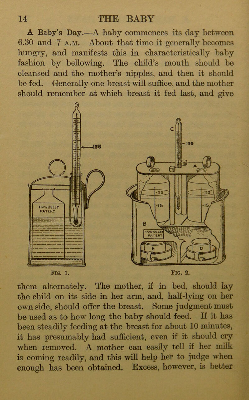 A Baby’s Day.—A baby commences its day between 6.30 and 7 a.m. About that time it generally becomes hungry, and manifests this in characteristically baby fashion by bellowing. The child’s mouth should be cleansed and the mother’s nipples, and then it should be fed. Generally one breast will suffice, and the mother should remember at which breast it fed last, and give them alternately. The mother, i£ in bed, should lay the child on its side in her arm, and, half-lying on her own side, should offer the breast. Some judgment must be used as to how long the baby should feed. If it has been steadily feeding at the breast for about 10 minutes, it has presumably had sufficient, even if it should cry when removed. A mother can easily tell if her milk is coming readily, and this will help her to judge when enough has been obtained. Excess, however, is better