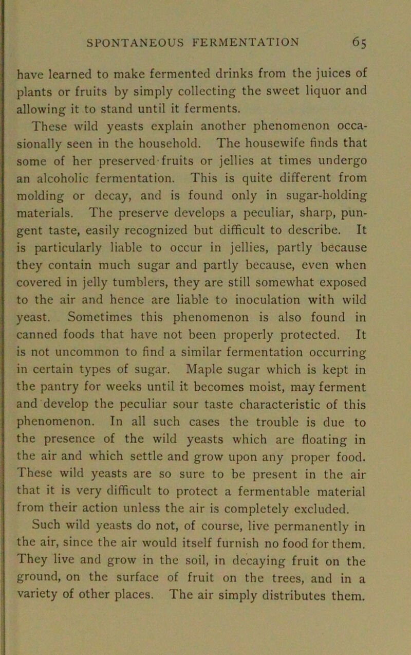 have learned to make fermented drinks from the juices of plants or fruits by simply collecting the sweet liquor and allowing it to stand until it ferments. These wild yeasts explain another phenomenon occa- sionally seen in the household. The housewife finds that some of her preserved fruits or jellies at times undergo an alcoholic fermentation. This is quite different from molding or decay, and is found only in sugar-holding materials. The preserve develops a peculiar, sharp, pun- gent taste, easily recognized but difficult to describe. It is particularly liable to occur in jellies, partly because they contain much sugar and partly because, even when covered in jelly tumblers, they are still somewhat exposed to the air and hence are liable to inoculation with wild yeast. Sometimes this phenomenon is also found in canned foods that have not been properly protected. It is not uncommon to find a similar fermentation occurring in certain types of sugar. Maple sugar which is kept in the pantry for weeks until it becomes moist, may ferment and develop the peculiar sour taste characteristic of this phenomenon. In all such cases the trouble is due to the presence of the wild yeasts which are floating in the air and which settle and grow upon any proper food. These wild yeasts are so sure to be present in the air that it is very difficult to protect a fermentable material from their action unless the air is completely excluded. Such wild yeasts do not, of course, live permanently in the air, since the air would itself furnish no food for them. They live and grow in the soil, in decaying fruit on the ground, on the surface of fruit on the trees, and in a variety of other places. The air simply distributes them.