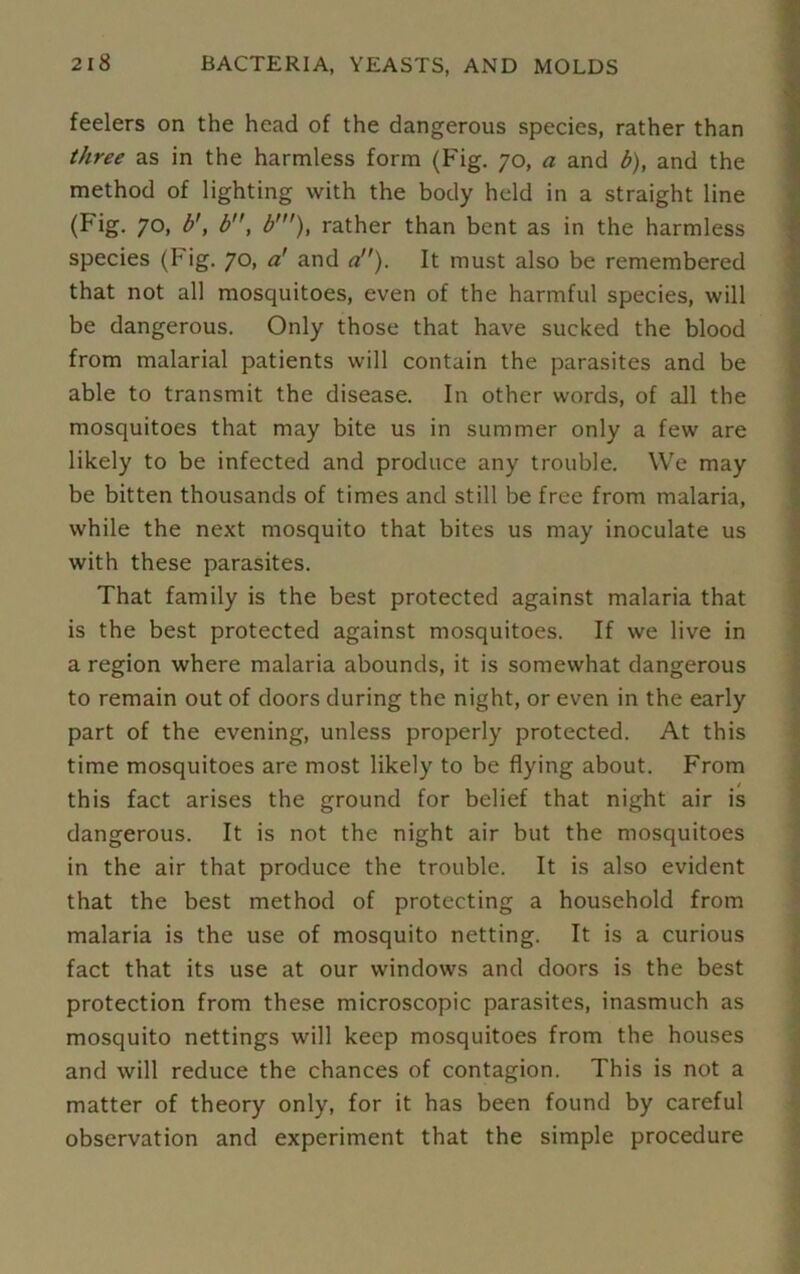 feelers on the head of the dangerous species, rather than three as in the harmless form (Fig. 70, a and b), and the method of lighting with the body held in a straight line (Fig. 70, b', b, b'), rather than bent as in the harmless species (Fig. 70, a' and a). It must also be remembered that not all mosquitoes, even of the harmful species, will be dangerous. Only those that have sucked the blood from malarial patients will contain the parasites and be able to transmit the disease. In other words, of all the mosquitoes that may bite us in summer only a few are likely to be infected and produce any trouble. YVe may be bitten thousands of times and still be free from malaria, while the next mosquito that bites us may inoculate us with these parasites. That family is the best protected against malaria that is the best protected against mosquitoes. If we live in a region where malaria abounds, it is somewhat dangerous to remain out of doors during the night, or even in the early part of the evening, unless properly protected. At this time mosquitoes are most likely to be flying about. From this fact arises the ground for belief that night air is dangerous. It is not the night air but the mosquitoes in the air that produce the trouble. It is also evident that the best method of protecting a household from malaria is the use of mosquito netting. It is a curious fact that its use at our windows and doors is the best protection from these microscopic parasites, inasmuch as mosquito nettings will keep mosquitoes from the houses and will reduce the chances of contagion. This is not a matter of theory only, for it has been found by careful observation and experiment that the simple procedure