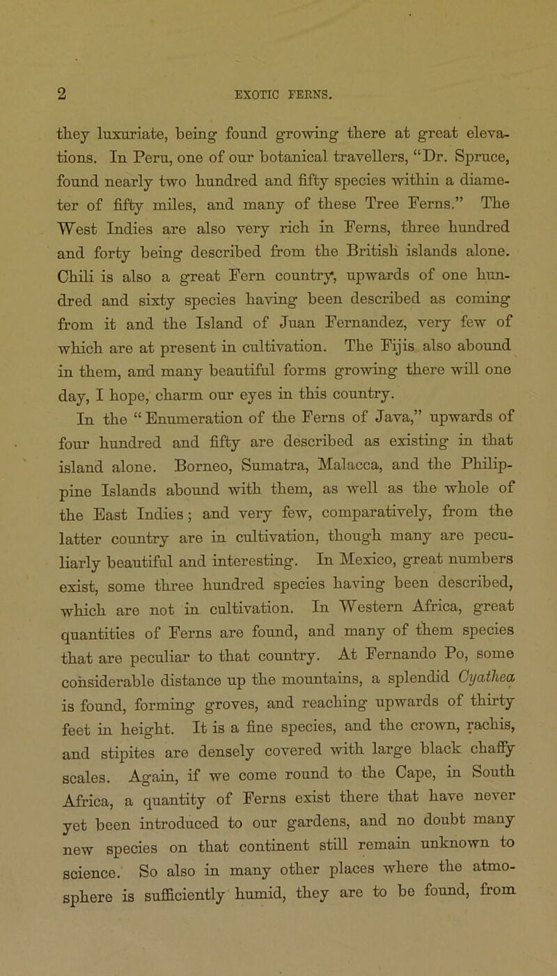 tliey luxuriate, being found growing there at great eleva- tions. In Peru, one of our botanical travellers, “Dr. Spruce, found nearly two hundred and fifty species within a diame- ter of fifty miles, and many of these Tree Perns.” The West Indies are also very rich in Perns, three hundred and forty being described from the British islands alone. Chili is also a great Pern country, upwards of one him- dred and sixty species having been described as coming from it and the Island of Juan Pernandez, very few of which are at present in cultivation. The Pijis also abound in them, and many beautiful forms growing there will one day, I hope, charm our eyes in this country. In the “ Enumeration of the Perns of Java,” upwards of four hundred and fifty are described as existiug in that island alone. Borneo, Sumatra, Malacca, and the Philip- pine Islands abound with them, as well as the whole of the East Indies; and very few, comparatively, from the latter country are in cultivation, though many are pecu- liarly beautiful and interesting. In Mexico, great numbers exist, some three hundred species having been described, which are not in cultivation. In Western Africa, great quantities of Perns are found, and many of them species that are peculiar to that country. At Pernando Po, some considerable distance up the mountains, a splendid Gyathea is found, forming groves, and reaching upwards of thirty feet in height. It is a fine species, and the crown, rachis, and stipites are densely covered with large black chafiy scales. Again, if we come round to the Cape, in South Africa, a quantity of Perns exist there that have never yet been introduced to our gardens, and no doubt many new species on that continent still remain unknown to science. So also in many other places where the atmo- sphere is sufficiently humid, they are to be found, from