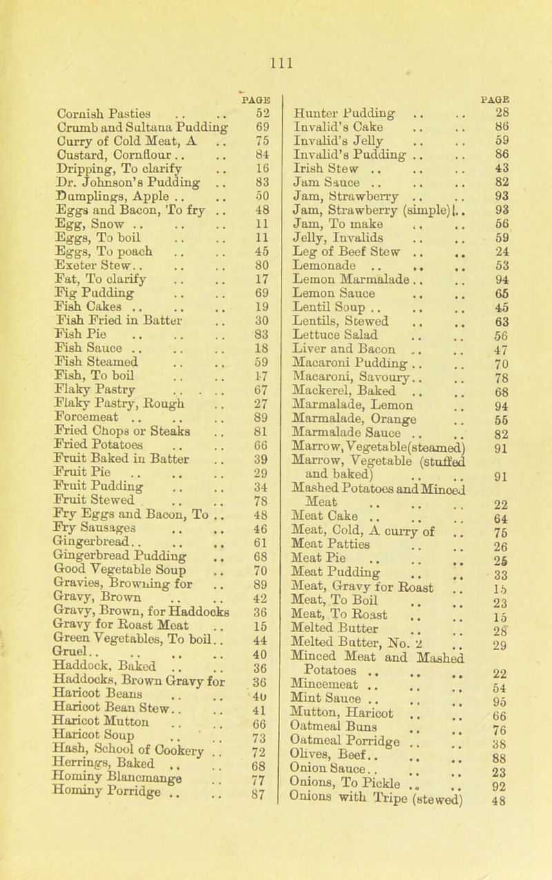 Cornish Pasties Crumb and Sultana Pudding Curry of Cold Meat, A Custard, Cornflour Dripping, To clarify Dr. Johnson’s Pudding .. Dumplings, Apple Eggs and Bacon, To fry .. Egg, Snow Eggs, To boil Eggs, To poach Exeter Stew Pat, To clarify Pig Pudding Pish Cakes .. Pish Pried in Batter Pish Pie Fish Sauce Pish Steamed Pish, To boil Flaky Pastry Flaky Pastry, Rough Forcemeat .. Fried Chops or Steaks Pried Potatoes Fruit Baked in Batter Fruit Pie Fruit Pudding Fruit Stewed Pry Eggs and Bacon, To .. Pry Sausages Gingerbread Gingerbread Pudding Good Vegetable Soup Gravies, Browning for Gravy, Brown Gravy, Brown, for Haddocks Gravy for Roast Meat Green Vegetables, To boil.. Gruel Haddock, Baked ., Haddocks, Brown Gravy for Haricot Beans Haricot Bean Stew.. Haricot Mutton Haricot Soup Hash, School of Cookery Herrings, Baked .. ’’ Hominy Blancmange Hominy Porridge .. PAGE Hunter Pudding .. .. 28 Invalid’s Cake .. .. 88 Invalid’s Jelly .. .. 59 Invalid’s Pudding .. .. 86 Irish Stew .. .. .. 43 Jam Sauce ., .. .. 82 Jam, Strawberry .. .. 93 Jam, Strawberry (simple) |.. 93 Jam, To make ,. .. 56 Jelly, Invalids ., ,. 59 Leg of Beef Stew .. .. 24 Lemonade .. .. .. 53 Lemon Marmalade .. .. 94 Lemon Sauce .. .. 65 Lentil Soup .. .. .. 45 Lentils, Stewed ., .. 63 Lettuce Salad .. .. 56 Liver and Bacon „. .. 47 Macaroni Pudding .. .. 70 Macaroni, Savoury.. .. 78 Mackerel, Baked .. .. 68 Marmalade, Lemon .. 94 Marmalade, Orange .. 55 Marmalade Sauce .. 82 Marrow, V egetable(steamed) 91 Marrow, Vegetable (stuffed and baked) .. .. 91 Mashed Potatoes and Minced Meat 22 Meat Cake .. .. .. 64 Meat, Cold, A curry of 75 Meat Patties .. .. 26 Meat Pie .. .. it 25 Meat Pudding ., ti 33 Meat, Gravy for Roast .. 15 Meat, To Boil .. tt 23 Meat, To Roast * ’ 15 Melted Butter .. ,, 28' Melted Butter, Ho. 2 .. 29 Minced Meat and Mashed Potatoes .. .. M 22 Mincemeat .. .. ., 54 Mint Sauce .. .. ,, 95 Mutton, Haricot ., ’ ’ yy Oatmeal Buns ., f. 75 Oatmeal Porridge .. ” 33 Olives, Beef.. ’ ’ gg Onion Sauce.. ., ” 23 Onions, To Pickle ” 92 Onions with Tripe (stewed) 48 'page 52 69 75 84 16 83 50 48 11 11 45 80 17 69 19 30 83 18 59 1-7 67 27 89 81 66 39 29 34 78 48 46 61 68 70 89 42 36 15 44 40 36 36 4U 41 66 73 72 68 77 87