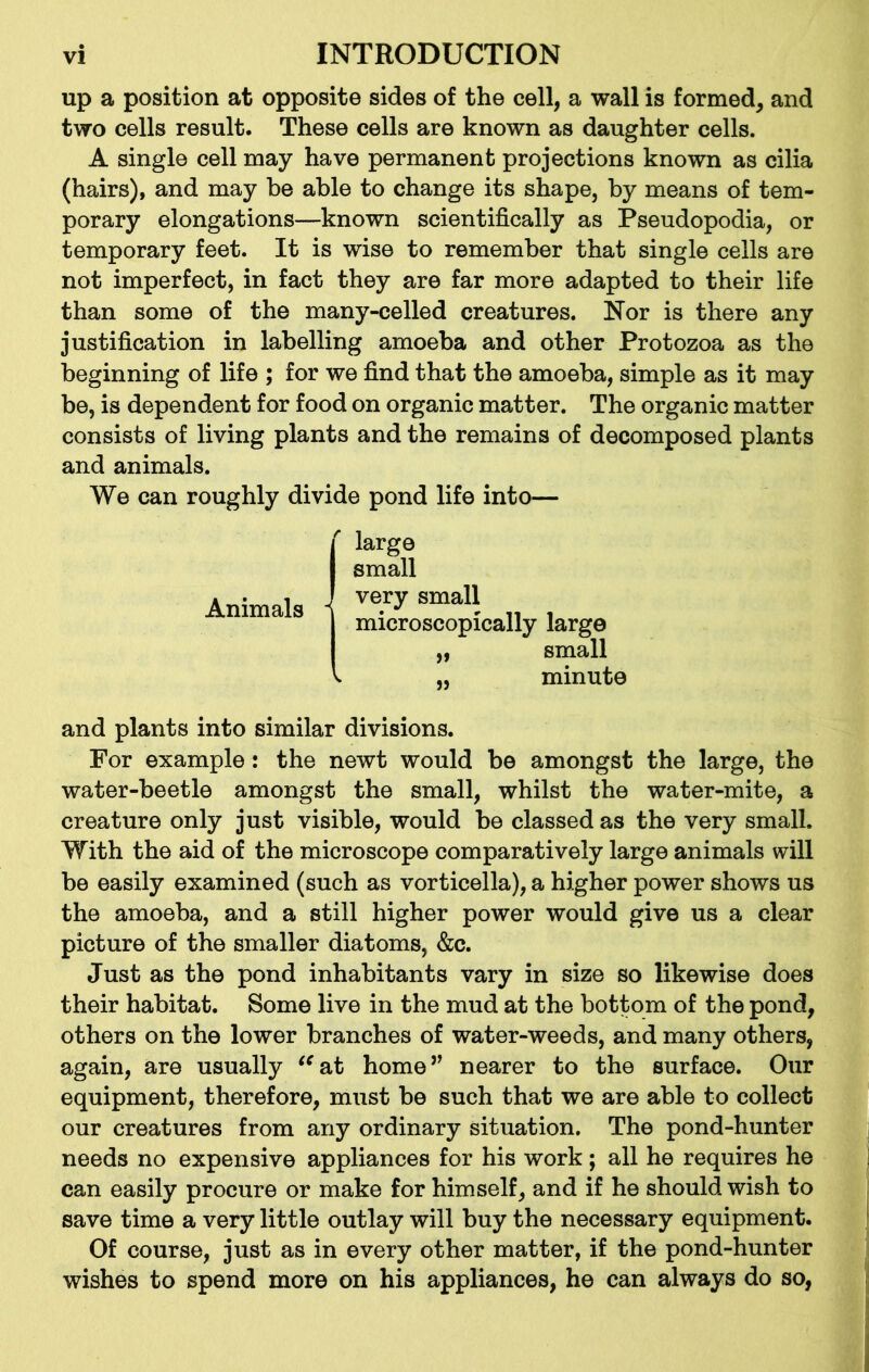 up a position at opposite sides of the cell, a wall is formed, and two cells result. These cells are known as daughter cells. A single cell may have permanent projections known as cilia (hairs), and may be able to change its shape, by means of tem- porary elongations—known scientifically as Pseudopodia, or temporary feet. It is wise to remember that single cells are not imperfect, in fact they are far more adapted to their life than some of the many-eelled creatures. Nor is there any justification in labelling amoeba and other Protozoa as the beginning of life ; for we find that the amoeba, simple as it may be, is dependent for food on organic matter. The organic matter consists of living plants and the remains of decomposed plants and animals. We can roughly divide pond life into— large small minute and plants into similar divisions. For example: the newt would be amongst the large, the water-beetle amongst the small, whilst the water-mite, a creature only just visible, would be classed as the very small. With the aid of the microscope comparatively large animals will be easily examined (such as vorticella), a higher power shows us the amoeba, and a still higher power would give us a clear picture of the smaller diatoms, &c. Just as the pond inhabitants vary in size so likewise does their habitat. Some live in the mud at the bottom of the pond, others on the lower branches of water-weeds, and many others, again, are usually “at home” nearer to the surface. Our equipment, therefore, must be such that we are able to collect our creatures from any ordinary situation. The pond-hunter needs no expensive appliances for his work; all he requires he can easily procure or make for himself, and if he should wish to save time a very little outlay will buy the necessary equipment. Of course, just as in every other matter, if the pond-hunter wishes to spend more on his appliances, he can always do so, large small Animals very small microscopically