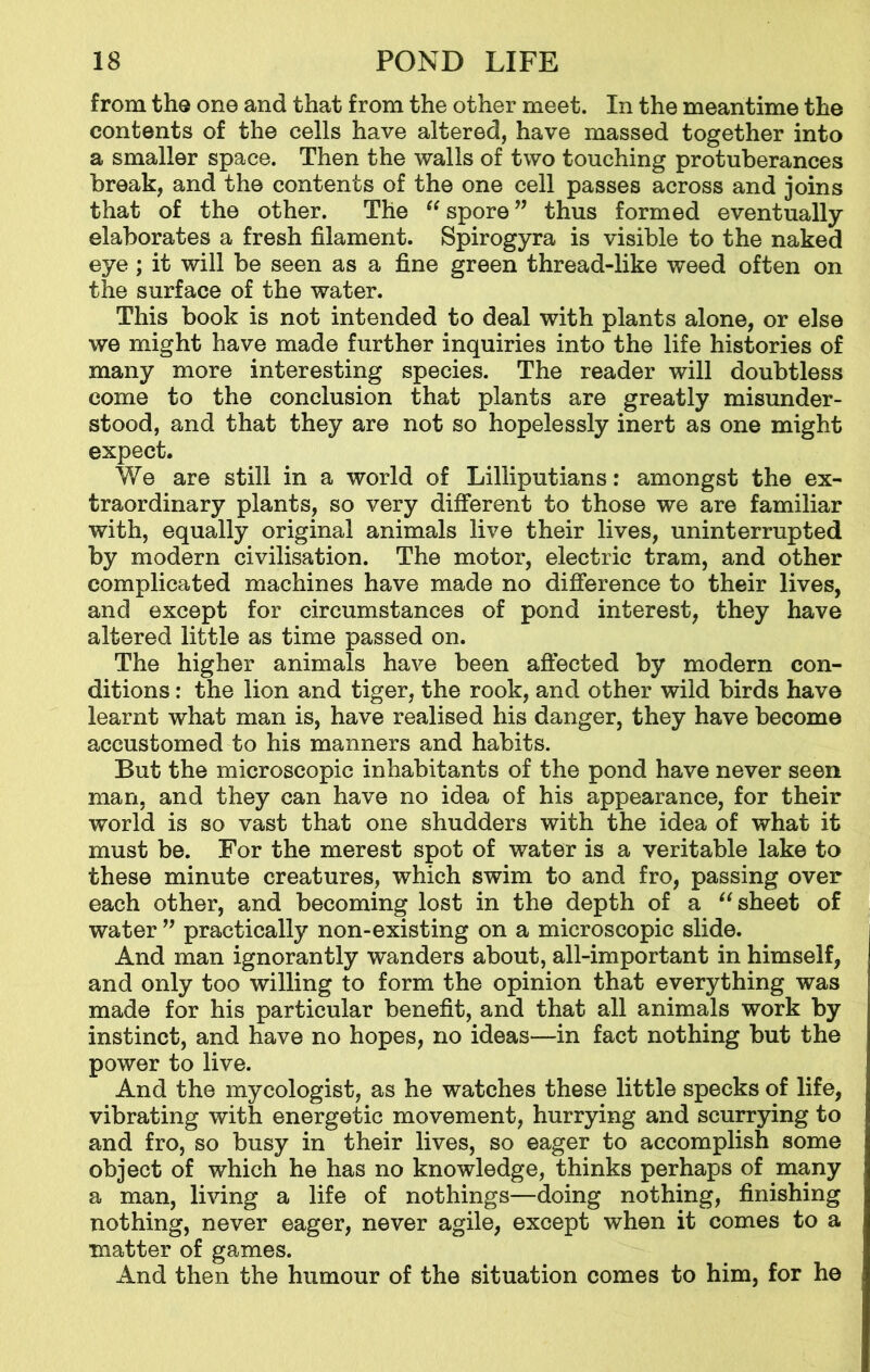 from the one and that from the other meet. In the meantime the contents of the cells have altered, have massed together into a smaller space. Then the walls of two touching protuberances break, and the contents of the one cell passes across and joins that of the other. The “ spore ” thus formed eventually elaborates a fresh filament. Spirogyra is visible to the naked eye; it will be seen as a fine green thread-like weed often on the surface of the water. This book is not intended to deal with plants alone, or else we might have made further inquiries into the life histories of many more interesting species. The reader will doubtless come to the conclusion that plants are greatly misunder- stood, and that they are not so hopelessly inert as one might expect. We are still in a world of Lilliputians: amongst the ex- traordinary plants, so very different to those we are familiar with, equally original animals live their lives, uninterrupted by modern civilisation. The motor, electric tram, and other complicated machines have made no difference to their lives, and except for circumstances of pond interest, they have altered little as time passed on. The higher animals have been affected by modern con- ditions : the lion and tiger, the rook, and other wild birds have learnt what man is, have realised his danger, they have become accustomed to his manners and habits. But the microscopic inhabitants of the pond have never seen man, and they can have no idea of his appearance, for their world is so vast that one shudders with the idea of what it must be. For the merest spot of water is a veritable lake to these minute creatures, which swim to and fro, passing over each other, and becoming lost in the depth of a “ sheet of water ” practically non-existing on a microscopic slide. And man ignorantly wanders about, all-important in himself, and only too willing to form the opinion that everything was made for his particular benefit, and that all animals work by instinct, and have no hopes, no ideas—in fact nothing but the power to live. And the mycologist, as he watches these little specks of life, vibrating with energetic movement, hurrying and scurrying to and fro, so busy in their lives, so eager to accomplish some object of which he has no knowledge, thinks perhaps of many a man, living a life of nothings—doing nothing, finishing nothing, never eager, never agile, except when it comes to a matter of games. And then the humour of the situation comes to him, for he