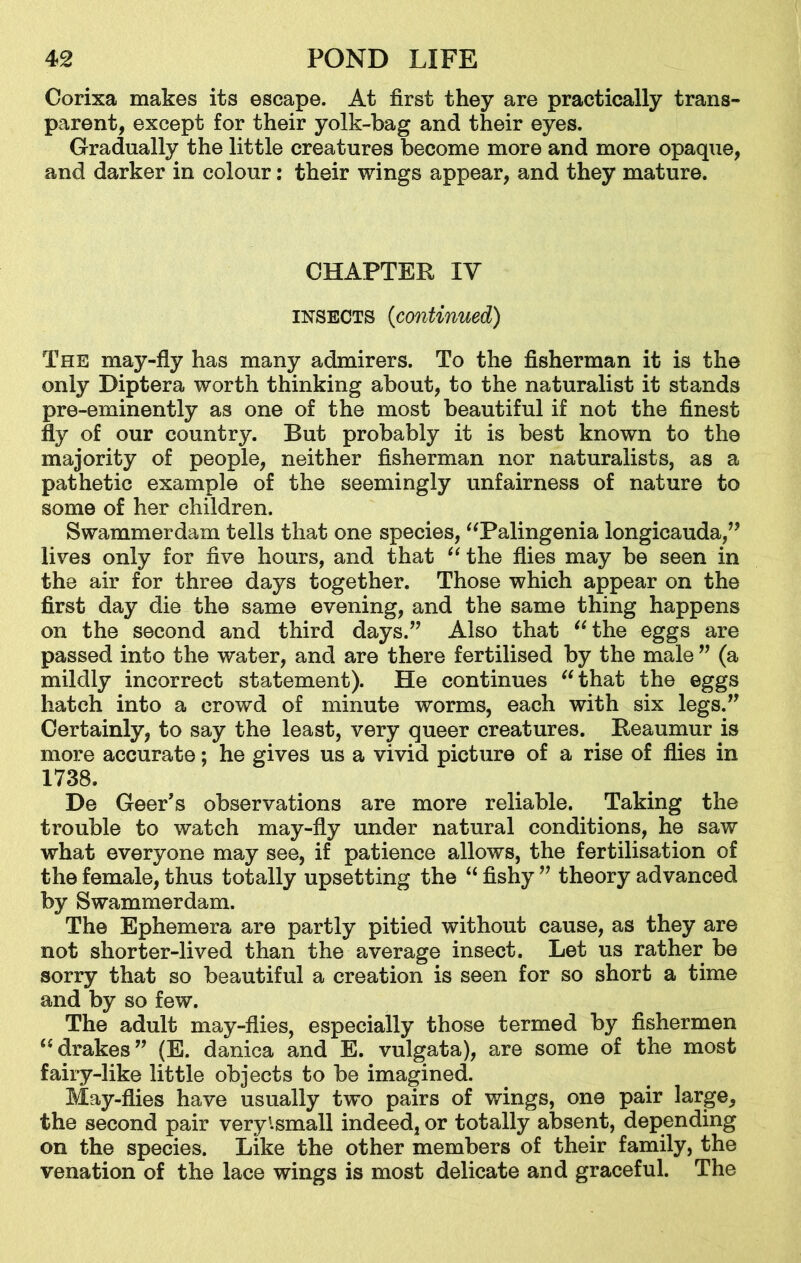 Corixa makes its escape. At first they are practically trans- parent, except for their yolk-bag and their eyes. Gradually the little creatures become more and more opaque, and darker in colour: their wings appear, and they mature. CHAPTER IV insects (continued) The may-fly has many admirers. To the fisherman it is the only Diptera worth thinking about, to the naturalist it stands pre-eminently as one of the most beautiful if not the finest fly of our country. But probably it is best known to the majority of people, neither fisherman nor naturalists, as a pathetic example of the seemingly unfairness of nature to some of her children. Swammerdam tells that one species, “Palingenia longicauda,” lives only for five hours, and that “ the flies may be seen in the air for three days together. Those which appear on the first day die the same evening, and the same thing happens on the second and third days.” Also that “the eggs are passed into the water, and are there fertilised by the male ” (a mildly incorrect statement). He continues “that the eggs hatch into a crowd of minute worms, each with six legs.” Certainly, to say the least, very queer creatures. Reaumur is more accurate; he gives us a vivid picture of a rise of flies in 1738. De Geer’s observations are more reliable. Taking the trouble to watch may-fly under natural conditions, he saw what everyone may see, if patience allows, the fertilisation of the female, thus totally upsetting the “ fishy ” theory advanced by Swammerdam. The Ephemera are partly pitied without cause, as they are not shorter-lived than the average insect. Let us rather be sorry that so beautiful a creation is seen for so short a time and by so few. The adult may-flies, especially those termed by fishermen “ drakes ” (E. danica and E. vulgata), are some of the most fairy-like little objects to be imagined. May-flies have usually two pairs of wings, one pair large, the second pair veryismall indeed, or totally absent, depending on the species. Like the other members of their family, the venation of the lace wings is most delicate and graceful. The