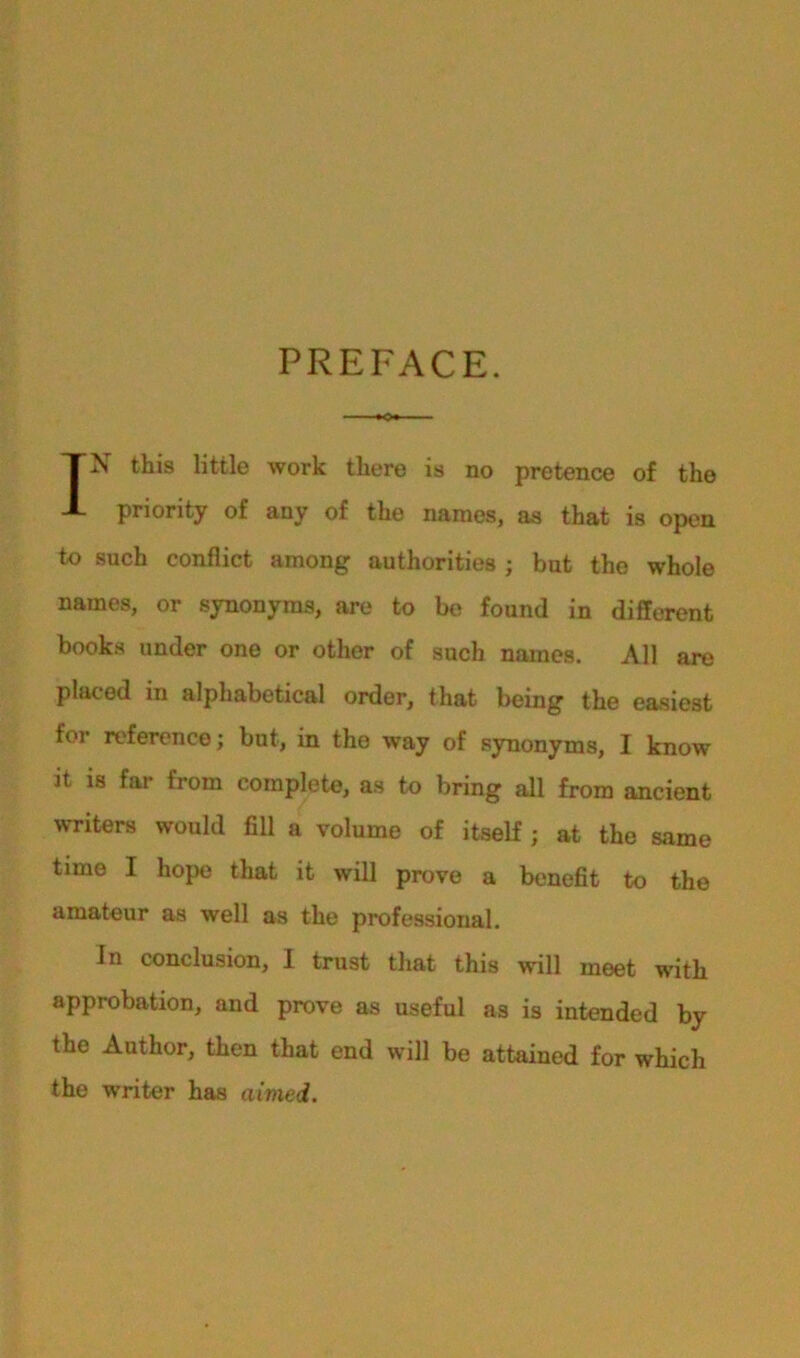 PREFACE. IX this little work there is no pretence of the priority of any of the names, as that is open to such conflict among authorities ; but the whole names, or synonyms, are to be found in different books under one or other of such names. All are placed in alphabetical order, that being the easiest for reference; but, in the way of synonyms, I know it is far from complete, as to bring all from ancient writers would fill a volume of itself ; at the same time I hope that it will prove a benefit to the amateur as well as the professional. In conclusion, I trust that this will meet with approbation, and prove as useful as is intended by the Author, then that end will be attained for which the writer has aimed.