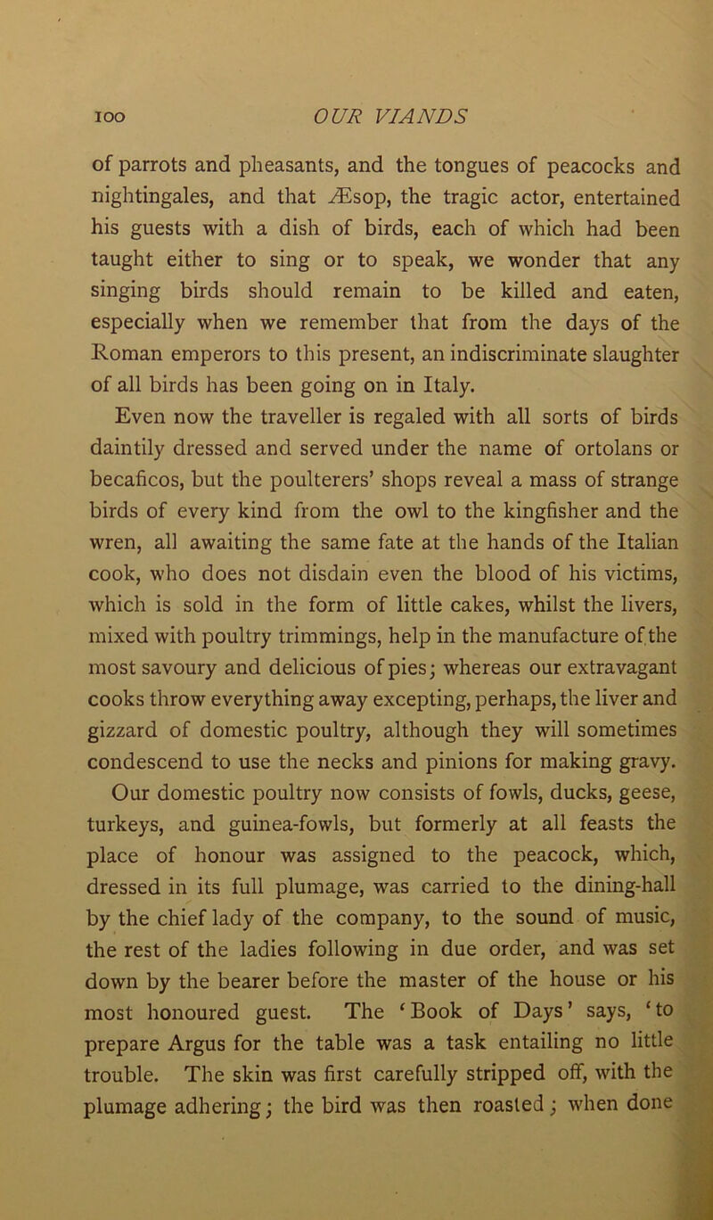 of parrots and pheasants, and the tongues of peacocks and nightingales, and that ./Esop, the tragic actor, entertained his guests with a dish of birds, each of which had been taught either to sing or to speak, we wonder that any singing birds should remain to be killed and eaten, especially when we remember that from the days of the Roman emperors to this present, an indiscriminate slaughter of all birds has been going on in Italy. Even now the traveller is regaled with all sorts of birds daintily dressed and served under the name of ortolans or becaficos, but the poulterers’ shops reveal a mass of strange birds of every kind from the owl to the kingfisher and the wren, all awaiting the same fate at the hands of the Italian cook, who does not disdain even the blood of his victims, which is sold in the form of little cakes, whilst the livers, mixed with poultry trimmings, help in the manufacture of,the most savoury and delicious of pies; whereas our extravagant cooks throw everything away excepting, perhaps, the liver and gizzard of domestic poultry, although they will sometimes condescend to use the necks and pinions for making gravy. Our domestic poultry now consists of fowls, ducks, geese, turkeys, and guinea-fowls, but formerly at all feasts the place of honour was assigned to the peacock, which, dressed in its full plumage, was carried to the dining-hall by the chief lady of the company, to the sound of music, the rest of the ladies following in due order, and was set down by the bearer before the master of the house or his most honoured guest. The ‘Book of Days’ says, ‘to prepare Argus for the table was a task entailing no little trouble. The skin was first carefully stripped off, with the plumage adhering; the bird was then roasted; when done
