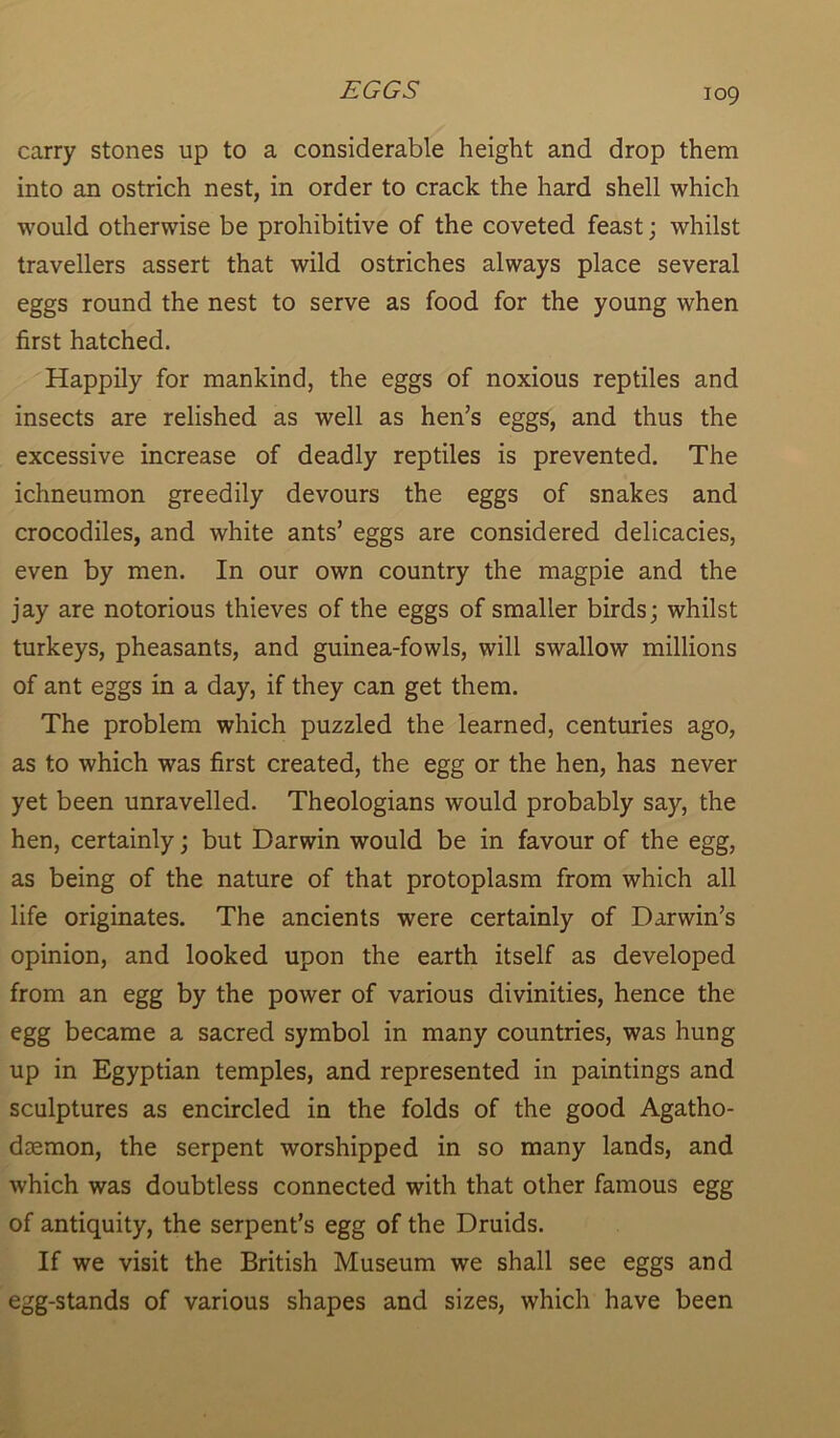 carry stones up to a considerable height and drop them into an ostrich nest, in order to crack the hard shell which would otherwise be prohibitive of the coveted feast; whilst travellers assert that wild ostriches always place several eggs round the nest to serve as food for the young when first hatched. Happily for mankind, the eggs of noxious reptiles and insects are relished as well as hen’s eggs, and thus the excessive increase of deadly reptiles is prevented. The ichneumon greedily devours the eggs of snakes and crocodiles, and white ants’ eggs are considered delicacies, even by men. In our own country the magpie and the jay are notorious thieves of the eggs of smaller birds; whilst turkeys, pheasants, and guinea-fowls, will swallow millions of ant eggs in a day, if they can get them. The problem which puzzled the learned, centuries ago, as to which was first created, the egg or the hen, has never yet been unravelled. Theologians would probably say, the hen, certainly; but Darwin would be in favour of the egg, as being of the nature of that protoplasm from which all life originates. The ancients were certainly of Darwin’s opinion, and looked upon the earth itself as developed from an egg by the power of various divinities, hence the egg became a sacred symbol in many countries, was hung up in Egyptian temples, and represented in paintings and sculptures as encircled in the folds of the good Agatho- daemon, the serpent worshipped in so many lands, and which was doubtless connected with that other famous egg of antiquity, the serpent’s egg of the Druids. If we visit the British Museum we shall see eggs and egg-stands of various shapes and sizes, which have been