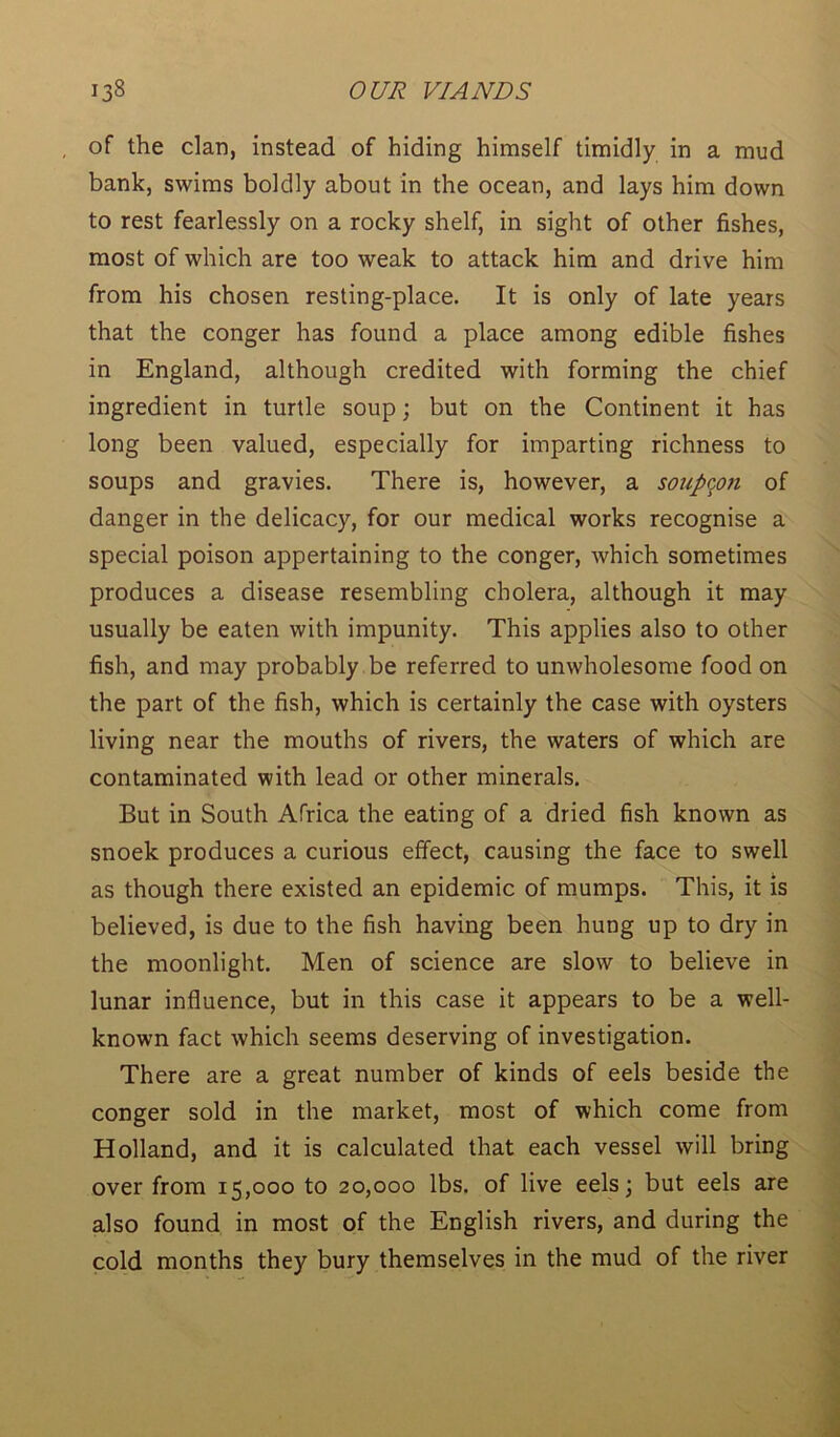 of the clan, instead of hiding himself timidly in a mud bank, swims boldly about in the ocean, and lays him down to rest fearlessly on a rocky shelf, in sight of other fishes, most of which are too weak to attack him and drive him from his chosen resting-place. It is only of late years that the conger has found a place among edible fishes in England, although credited with forming the chief ingredient in turtle soup; but on the Continent it has long been valued, especially for imparting richness to soups and gravies. There is, however, a soupqon of danger in the delicacy, for our medical works recognise a special poison appertaining to the conger, which sometimes produces a disease resembling cholera, although it may usually be eaten with impunity. This applies also to other fish, and may probably be referred to unwholesome food on the part of the fish, which is certainly the case with oysters living near the mouths of rivers, the waters of which are contaminated with lead or other minerals. But in South Africa the eating of a dried fish known as snoek produces a curious effect, causing the face to swell as though there existed an epidemic of mumps. This, it is believed, is due to the fish having been hung up to dry in the moonlight. Men of science are slow to believe in lunar influence, but in this case it appears to be a well- known fact which seems deserving of investigation. There are a great number of kinds of eels beside the conger sold in the market, most of which come from Holland, and it is calculated that each vessel will bring over from 15,000 to 20,000 lbs. of live eels; but eels are also found in most of the English rivers, and during the cold months they bury themselves in the mud of the river