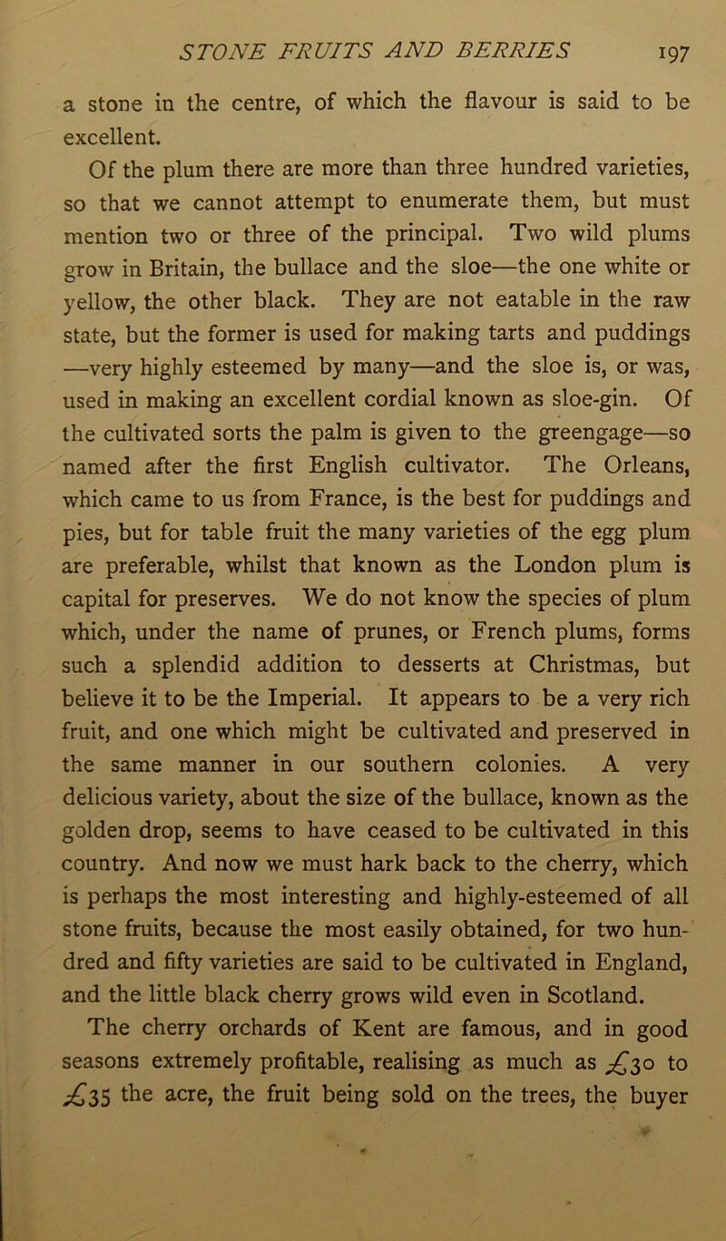 a stone in the centre, of which the flavour is said to be excellent. Of the plum there are more than three hundred varieties, so that we cannot attempt to enumerate them, but must mention two or three of the principal. Two wild plums grow in Britain, the bullace and the sloe—the one white or yellow, the other black. They are not eatable in the raw state, but the former is used for making tarts and puddings —very highly esteemed by many—and the sloe is, or was, used in making an excellent cordial known as sloe-gin. Of the cultivated sorts the palm is given to the greengage—so named after the first English cultivator. The Orleans, which came to us from France, is the best for puddings and pies, but for table fruit the many varieties of the egg plum are preferable, whilst that known as the London plum is capital for preserves. We do not know the species of plum which, under the name of prunes, or French plums, forms such a splendid addition to desserts at Christmas, but believe it to be the Imperial. It appears to be a very rich fruit, and one which might be cultivated and preserved in the same manner in our southern colonies. A very delicious variety, about the size of the bullace, known as the golden drop, seems to have ceased to be cultivated in this country. And now we must hark back to the cherry, which is perhaps the most interesting and highly-esteemed of all stone fruits, because the most easily obtained, for two hun- dred and fifty varieties are said to be cultivated in England, and the little black cherry grows wild even in Scotland. The cherry orchards of Kent are famous, and in good seasons extremely profitable, realising as much as ^30 to ^35 the acre, the fruit being sold on the trees, the buyer