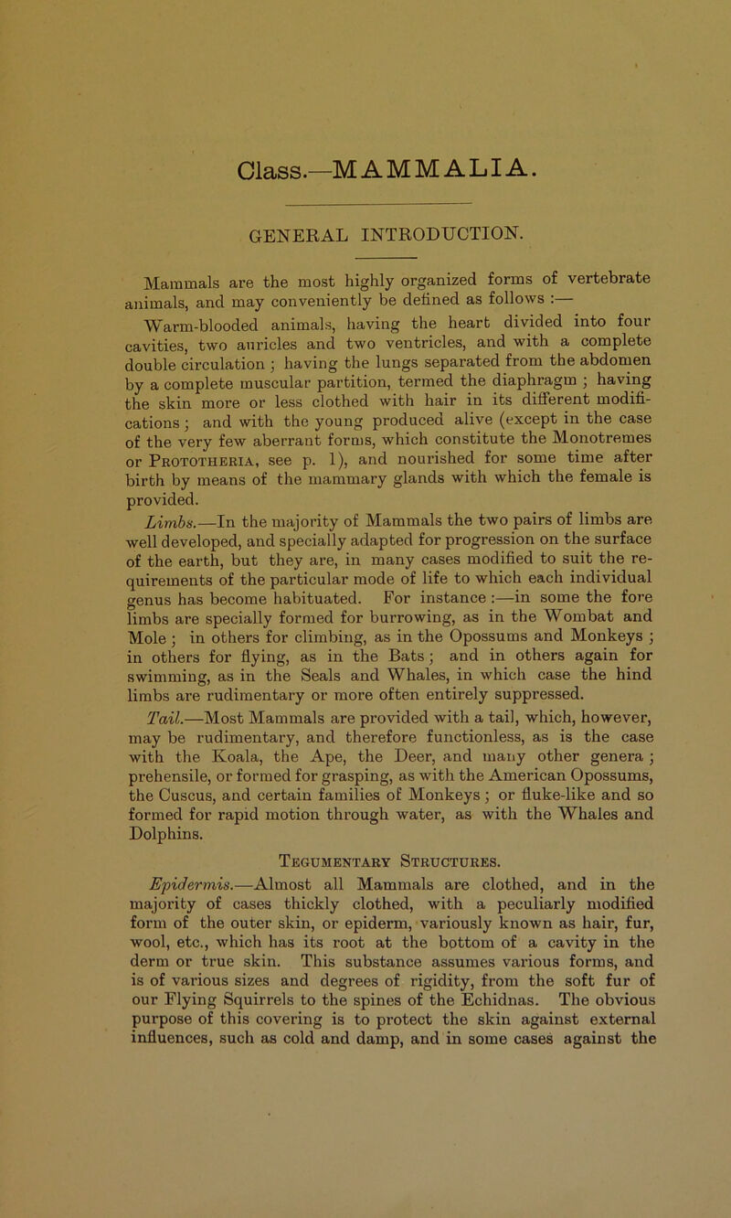 Class.—M A M M A LIA. GENERAL INTRODUCTION. Mammals are the most highly organized forms of vertebrate animals, and may conveniently be defined as follows :— W^arm-blooded animals, having the heart divided into four cavities, two auricles and two ventricles, and with a complete double circulation ; having the lungs separated from the abdomen by a complete muscular partition, termed the diaphragm ; having the skin more or less clothed with hair in its different modifi- cations ; and with the young produced alive (except in the case of the very few aberrant forms, which constitute the Monotremes or Pkototheria, see p. 1), and nourished for some time after birth by means of the mammary glands with which the female is provided. Limbs.—In the majority of Mammals the two pairs of limbs are well developed, and specially adapted for progression on the surface of the earth, but they are, in many cases modified to suit the re- quirements of the particular mode of life to which each individual genus has become habituated. For instance :—in some the fore limbs are specially formed for burrowing, as in the Wombat and Mole ; in others for climbing, as in the Opossums and Monkeys ; in others for flying, as in the Bats; and in others again for swimming, as in the Seals and Whales, in which case the hind limbs are rudimentary or more often entirely suppressed. Tail.—Most Mammals are provided with a tail, which, however, may be rudimentary, and therefore functionless, as is the case with the Koala, the Ape, the Deer, and many other genera ; prehensile, or formed for grasping, as with the American Opossums, the Cuscus, and certain families of Monkeys; or fluke-like and so formed for rapid motion through water, as with the Whales and Dolphins. Tegumentary Structures. Epidermis.—Almost all Mammals are clothed, and in the majority of cases thickly clothed, with a peculiarly modified form of the outer skin, or epiderm, variously known as hair, fur, wool, etc., which has its root at the bottom of a cavity in the derm or true skin. This substance assumes various forms, and is of various sizes and degrees of rigidity, from the soft fur of our Flying Squirrels to the spines of the Echidnas. The obvious purpose of this covering is to protect the skin against external influences, such as cold and damp, and in some cases against the