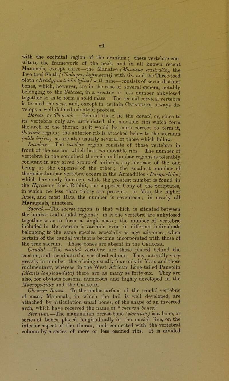 XU. with the occipital region of the cranium j these vertebrae con stitute the framework of the neck, and in all known recent Mammals, except three—the Manatee (Manatus australis), the Two-toed Sloth (Choloepus hoffmanni) with six, and the Three-toed Sloth (Bradypus tridactylusj with nine—consists of seven distinct bones, which, however, are in the case of several genera, notably- belonging to the Cetacea, in a greater or less number ankylosed together so as to form a solid mass. The second cervical vertebra is termed the axis, and, except in certain Cetaceans, always de- velops a well defined odontoid process. Dorsal, or Thoracic.—Behind these lie the dorsal, or, since to its vertebrae only are articulated the movable ribs which form the arch of the thorax, as it would be more correct to term it, thoracic region; the anterior rib is attached below to the sternum (vide infra), as are also usually several of those which follow. Lumbar.—The lumbar region consists of those vertebrae in front of the sacrum which bear no movable ribs. The number of vertebrae in the conjoined thoracic and lumbar regions is tolerably constant in any given group of animals, any increase of the one being at the expense of the other; the smallest number of thoracico-lumbar vertebrae occurs in the Armadillos (Dasypodidoe) which have only fourteen, while the greatest number is found in the Hyrax or Rock-Rabbit, the supposed Cony of the Scriptures, in which no less than thirty are present ; in Man, the higher Apes, and most Bats, the number is seventeen; in nearly all Marsupials, nineteen. Sacral.—The sacral region is that which is situated between the lumbar and caudal regions ; in it the vertebrae are ankylosed together so as to form a single mass; the number of vertebrae included in the sacrum is variable, even in different individuals belonging to the same species, especially as age advances, when certain of the caudal vertebrae become incorporated with those of the true sacrum. These bones are absent in the Cetacea. Caudal.—The caudal vertebrae are those placed behind the sacrum, and terminate the vertebral column. They naturally vary greatly in number, there being usually four only in Man, and those rudimentary, whereas in the West African Long-tailed Pangolin (Manis longicaudata) there are as many as forty-six. They are also, for obvious reasons, numerous and highly developed in the Macropodidce and the Cetacea. Chevron Bones.—To the under-surface of the caudal vertebrae of many Mammals, in which the tail is well developed, are attached by articulation small bones, of the shape of an inverted arch, which have received the name of “ chevron bones.” Sternum.—The mammalian breast-bone (sternum) is a bone, or series of bones, placed longitudinally in the mesial line, on the inferior aspect of the thorax, and connected with the vertebral . column by a series of more or less ossified ribs. It is divided