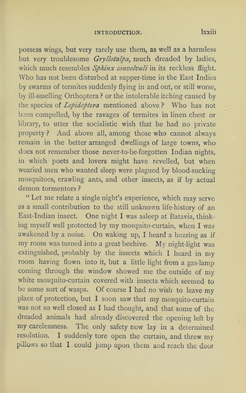 ixjssess wings, but very rarely use them, as well as a harmless but very troublesome Gryllotalpa, much dreaded by ladies, which much resembles Sphmx convolvuli in its reckless flight. Who has not been disturbed at supper-time in the East Indies by swarms of termites suddenly flying in and out, or still worse, by ill-smelling Orthoptera ? or the intolerable itching caused by the species of Lepidoptera mentioned above ? Who has not been compelled, by the ravages of termites in linen chest or library, to utter the socialistic wish that he had no private property ? And above all, among those who cannot always remain in the better arranged dwellings of large towns, who does not remember those never-to-be-forgotten Indian nights, in which poets and lovers might have revelled, but when wearied men who wanted sleep were plagued by blood-sucking mosquitoes, crawling ants, and other insects, as if by actual demon tormentors ? “ Let me relate a single night’s experience, which may serve as a small contribution to the still unknown life-history of an East-Indian insect. One night I was asleep at Batavia, think- ing myself well protected by my mosquito-curtain, when I was awakened by a noise. On waking up, I heard a buzzing as if my room was turned into a great beehive. My night-light was extinguished, probably by the insects which I heard in my room having flown into it, but a little light from a gas-lamp coming through the window showed me the outside of my white mosquito-curtain covered with insects which seemed to be some sort of wasps. Of course I had no wish to leave my place of protection, but I soon saw that my mosquito-curtain was not so well closed as I had thought, and that some of the dreaded animals had already discovered the opening left by my carelessness. The only safety now lay in a determined resolution. I suddenly tore open the curtain, and threw my pillows so that I could jump upon them and reach the door