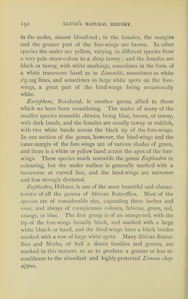in the males, almost blood-red ; in the females, the margins and the greater part of the fore-wings are brown. In other species the males are yellow, varying in different species from a very pale straw-colour to a deep tawny; and the females are black or tawny, with white markings, sometimes in the form of a white transverse band as in Limenitis, sometimes as white zig-zag lines, and sometimes as large white spots on the fore- wings, a great part of the hind-wings being occasionally white. Euryphene, Boisduval, is another genus, allied to those which we have been considering. The males of many of the smaller species resemble Aterica, being blue, brown, or tawny, with dark bands, and the females are usually tawny or reddish, with two white bands across the black tip of the fore-wings. In one section of the genus, however, the hind-wings and the inner-margin of the fore-wings are of various shades of green, and there is a white or yellow band across the apex of the fore- wings. These species much resemble the genus Enplmdra in colouring, but the under surface is generally marked with a transverse or curved line, and the hind-wings are narrower and less strongly dentated. Eupheedra, Hiibncr, is one of the most beautiful and charac- teristic of all the genera of African Butterflies. Most of the species are of considerable size, expanding three inches and over, and always of conspicuous colours, fulvous, green, red, orange, or blue. The first group is of an orange-red, with the tip of the fore-wings broadly black, and marked with a large white blotch or band, and the hind-wings have a black border marked wnth a row' of large white spots. Many African Butter- flies and Moths, of half a dozen families and genera, are marked in this manner, so as to produce a greater or less re- semblance to the abundant and highly-protected Limnas chry- sippics.