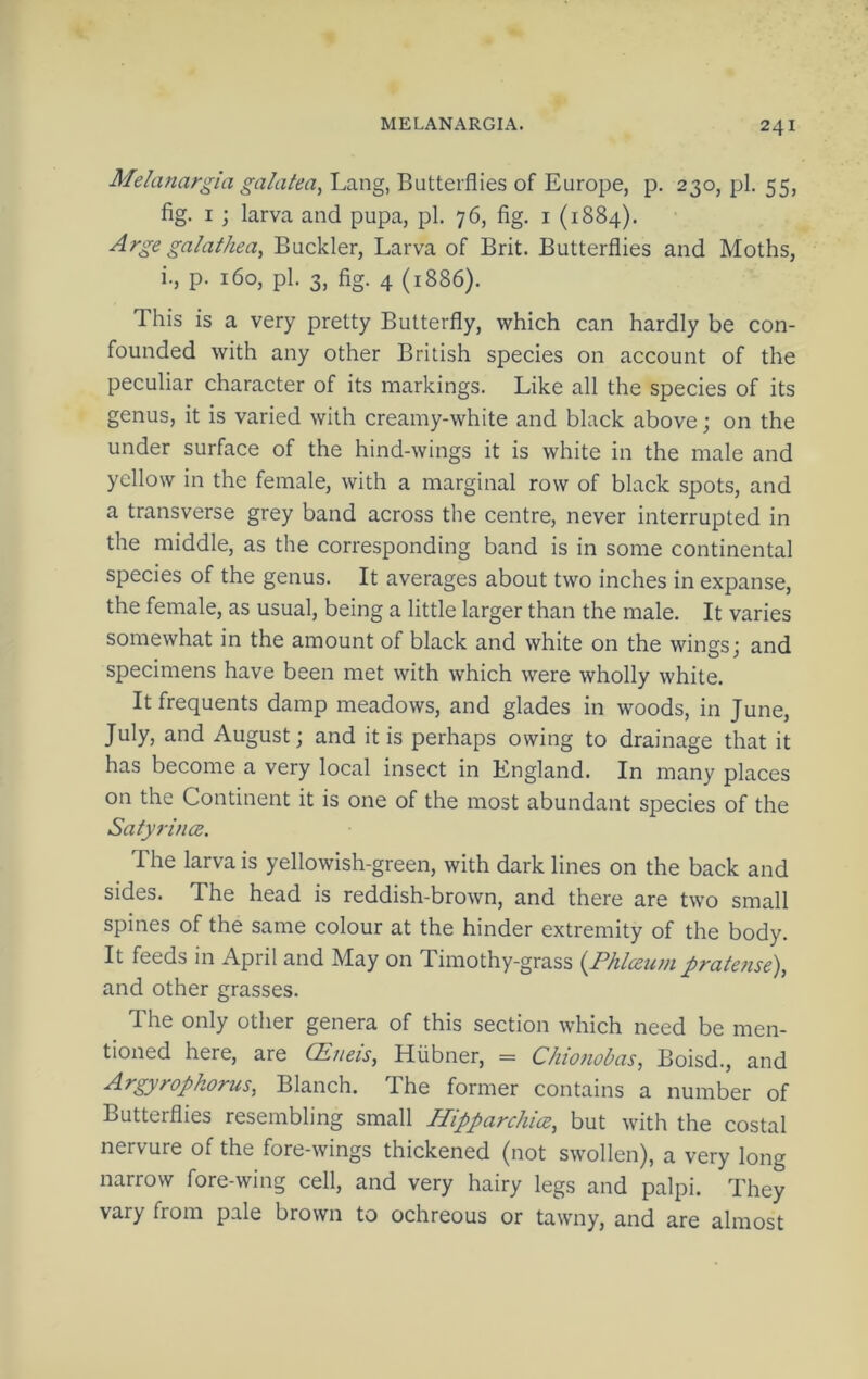 Melanargia galatea^ Lang, Butterflies of Europe, p. 230, pi. 55, fig. I; larva and pupa, pi. 76, fig. i (1884). Arge galathea, Buckler, Larva of Brit. Butterflies and Moths, i., p. 160, pi. 3, fig. 4 (1886). This is a very pretty Butterfly, which can hardly be con- founded with any other British species on account of the peculiar character of its markings. Like all the species of its genus, it is varied with creamy-white and black above; on the under surface of the hind-wings it is white in the male and yellow in the female, with a marginal row of black spots, and a transverse grey band across the centre, never interrupted in the middle, as the corresponding band is in some continental species of the genus. It averages about two inches in expanse, the female, as usual, being a little larger than the male. It varies somewhat in the amount of black and white on the wings; and specimens have been met with which were wholly white. It frequents damp meadows, and glades in woods, in June, July, and August; and it is perhaps owing to drainage that it has become a very local insect in England. In many places on the Continent it is one of the most abundant species of the Satyrina. The larva is yellowish-green, with dark lines on the back and sides. The head is reddish-brown, and there are two small spines of the same colour at the hinder extremity of the body. It feeds in April and May on Timothy-grass {Phlccum pratejise^ and other grasses. The only other genera of this section which need be men- tioned here, are CEueis, Hlibner, = Chiouobiis^ Boisd., and Argyropkorus, Blanch. The former contains a number of Butterflies resembling small Hipparchice, but with the costal nervure of the fore-wings thickened (not swollen), a very long narrow fore-wing cell, and very hairy legs and palpi. They vary from pale brown to ochreous or tawny, and are almost