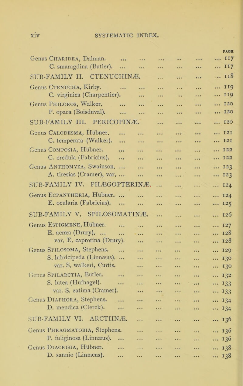 Genus Charidea, Dalman. C. smaragdina (Butler). SUB-FAMILY II. CTENUCIIIN^E. Genus Ctenucha, Kirby. C. virginica (Charpentier). Genus Philoros, Walker. P. opaca (Boisduval). SUB-FAMILY III. PERICOPIN^. Genus Calodesma, Htibner. C. temperata (Walker). Genus Composia, Flllbner. C. credula (Fabricius). Genus Anthomyza, Swainson A. tiresias (Cramer), var SUB-FAMILY IV. PHzEGOPTERINAL Genus Ecpantheria, Hiibner E. ocularia (Fabricius). SUB-FAMILY V. SPILOSOMATIILE. Genus Estigmene, Pliibner E. acraea (Drury) var. E. caprotina (Drury). Genus Spilosoma, Stephens S. lubricipeda (Linnaeus). ... var. S. walkeri, Curtis. Genus Spilarctia, Butler. S. lutea (Hufnagel). var. S. zatima (Cramer). Genus Diaphora, Stephens D. mendica (Clerck). SUB-FAMILY VI. ARCTIIN/E. ... Genus Phragmatobia, Stephens. P. fuliginosa (Linnaeus). ... Genus Diacrisia, Iliibner. D. sannio (Linnaeus). PACK ... 117 ... 117 ... 118 ... 119 ... 119 120 ... 120 ... 120 ... 121 ... 121 ... 122 ... 122 ... 123 ... 123 ... 124 ... 124 ... 125 ... 126 ... 127 ... 128 ... 128 ... 129 ... 130 ... 130 ... 132 ••• 133 - 133 ... 134 ... 134 ... 136 ... 136 ... 136 ... 138 ... 138