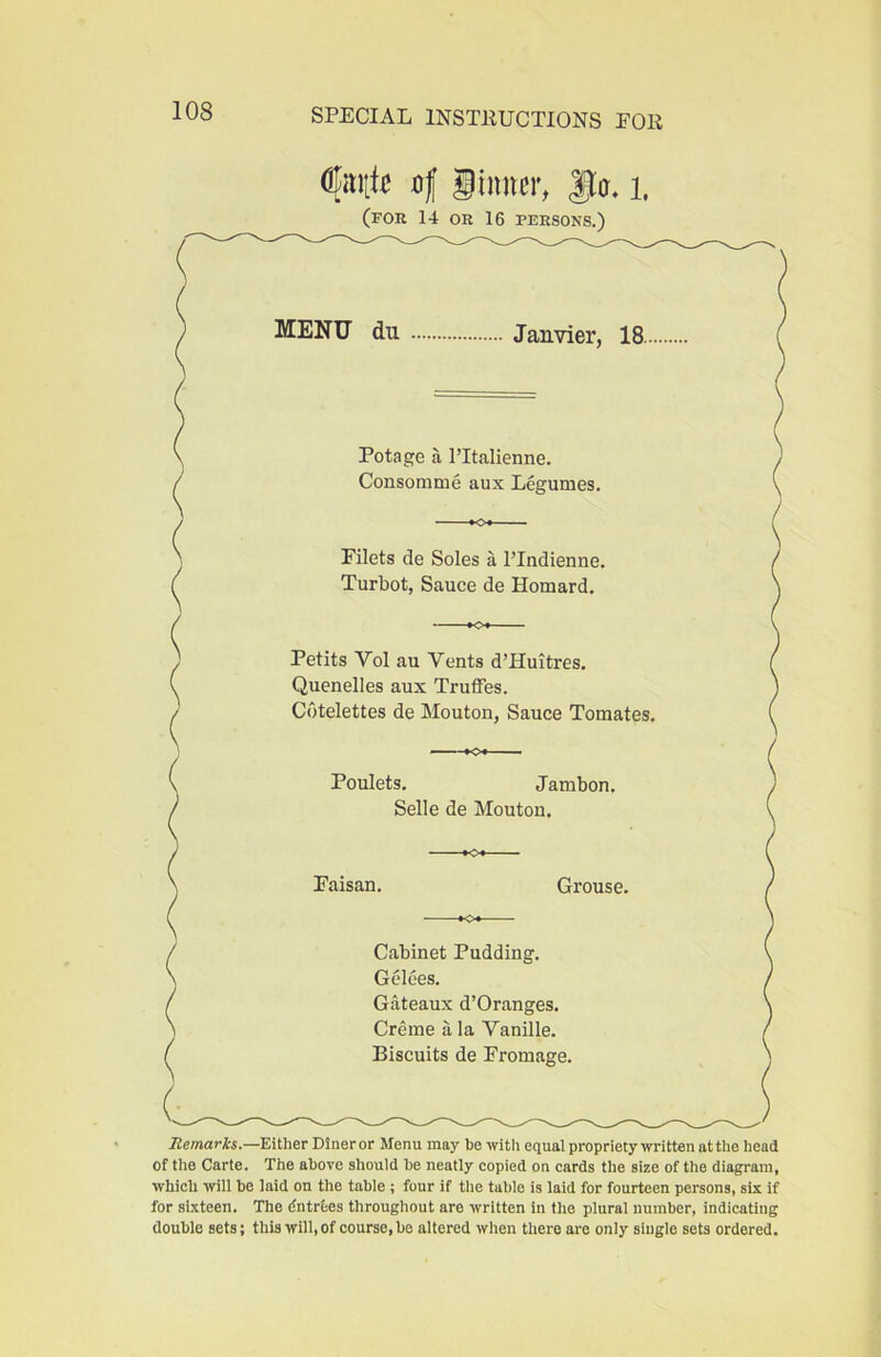 of iinner, |ta, i. (for 14 OR 16 PERSONS.) MENU du Janvier, 18.. Potage a I’ltalienne. Consomme aux Legumes. Filets de Soles a I’Indienne. Turbot, Sauce de Homard. Petits Vol au Vents d’Huitres. Quenelles aux Truffes. Cotelettes de Mouton, Sauce Tomates. Poulets, Jambon. Selle de Mouton. Faisan. Grouse. Cabinet Pudding. Gelees. Gateanx d’Oranges. Creme ala Vanille. Biscuits de Fromage. TJemarii.—Either Diner or Menu may he with equal propriety written at the head of the Carte. The above should he neatly copied on cards the size of the diagram, which will he laid on the table ; four if the table is laid for fourteen persons, six if for sixteen. The dntrtes throughout are written in tlie plural number, indicating double sets; this will, of course, be altered when there are only single sets ordered.