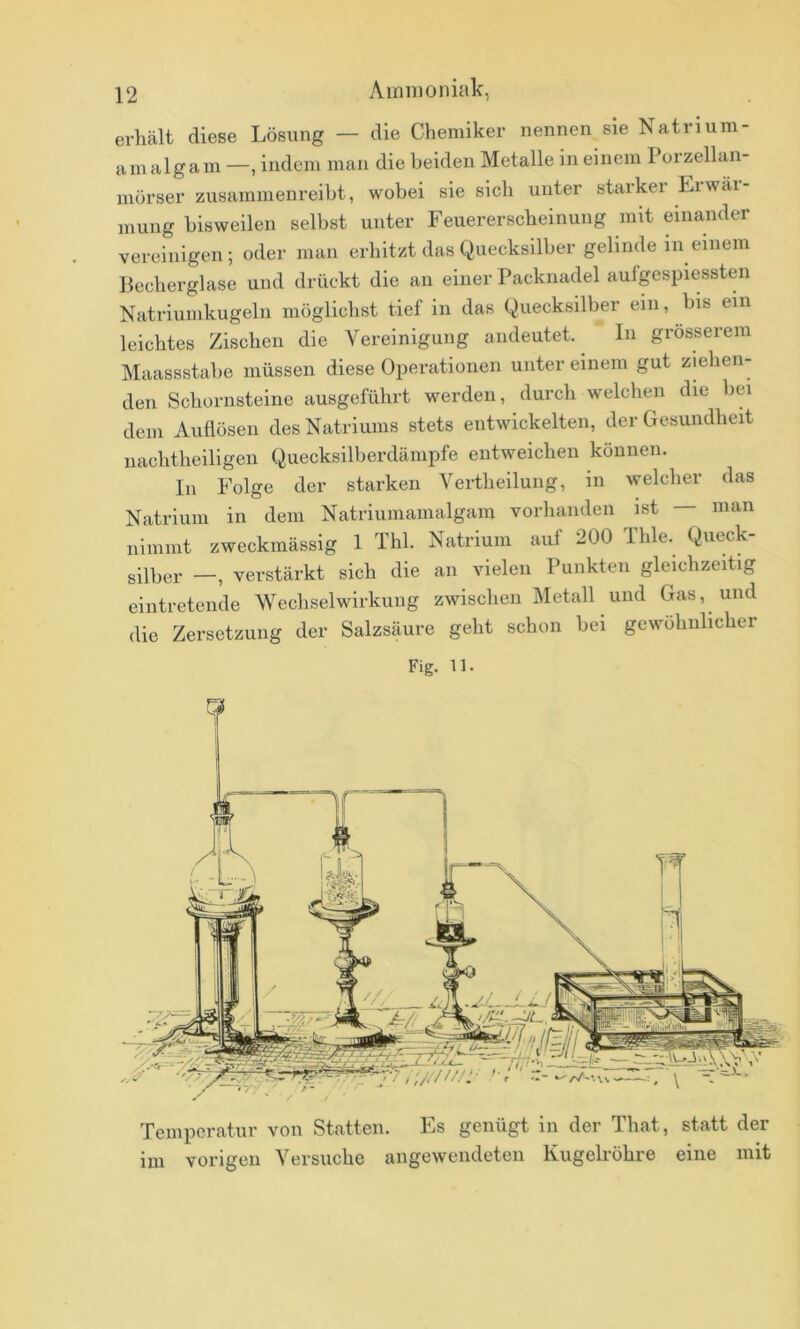 erhält diese Lösung — die Chemiker nennen sieNatrium- amalgain —, indem man die beiden Metalle in einem Porzellan- mörser zusammenreibt, wobei sie sich unter starker Erwar- mung bisweilen selbst unter Feuererscheinung mit einander vereinigen; oder man erhitzt das Quecksilber gelinde in einem Becherglase und drückt die an einer Packnadel aufgespiessten Natriumkugeln möglichst tief in das Quecksilber ein, bis ein leichtes Zischen die Vereinigung andeutet. In grosserem Maassstabe müssen diese Operationen unter einem gut ziehen- den Schornsteine ausgeführt werden, durch welchen die bei dem Auflösen des Natriums stets entwickelten, der Gesundheit nachtheiligen Quecksilberdämpfe entweichen können. In Folge der starken Vertheilung, in welcher das Natrium in dem Natriumamalgam vorhanden ist — man nimmt zweckmässig 1 Thl. Natrium auf 200 Thle. Queck- gPPer —, verstärkt sich die an vielen Punkten gleichzeitig eintretende Wechselwirkung zwischen Metall und Gas, und die Zersetzung der Salzsäure geht schon bei gewöhnlicher Fig. 11. Temperatur von Statten. Es genügt in der That, statt der im vorigen Versuche angeweiideten Kugelröhre eine mit