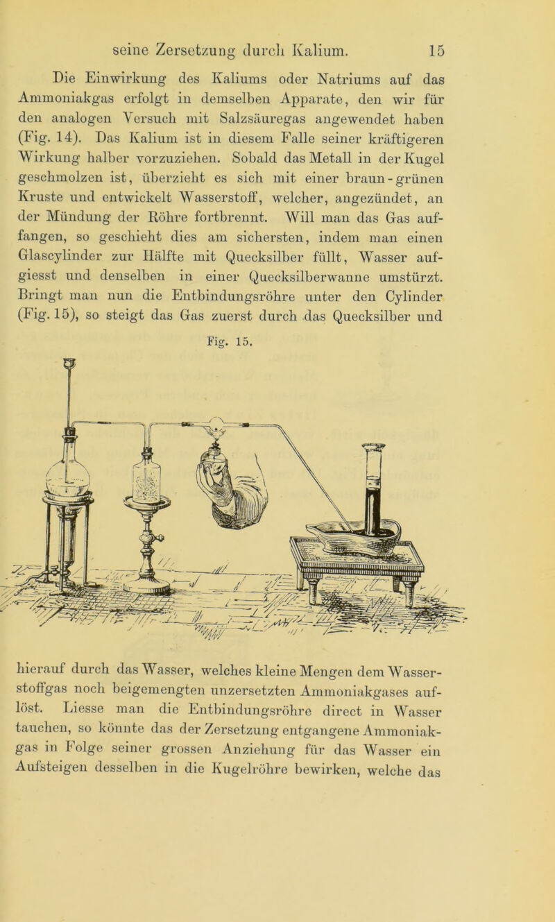 Die Einwirkung des Kaliums oder Natriums auf das Ammoniakgas erfolgt in demselben Apparate, den wir für den analogen Versuch mit Salzsäuregas angewendet haben (Fig, 14). Das Kalium ist in diesem Falle seiner kräftigeren Wirkung halber vorzuziehen. Sobald das Metall in der Kugel geschmolzen ist, überzieht es sich mit einer braun-grünen Kruste und entwickelt Wasserstoff, welcher, angezündet, an der Mündung der Röhre fortbrennt. Will man das Gas auf- fangen, so geschieht dies am sichersten, indem man einen Glascylinder zur Hälfte mit Quecksilber füllt, Wasser auf- giesst und denselben in einer Quecksilberwanne umstürzt. Bringt man nun die Entbindungsröhre unter den Cylinder (Fig. 15), so steigt das Gas zuerst durch das Quecksilber und Fig. 15. hierauf durch das Wasser, welches kleine Mengen dem Wasser- stoflgas noch beigemengten unzersetzten Ammoniakgases auf- löst. Liesse man die Entbindungsröhre direct in Wasser tauchen, so könnte das der Zersetzung entgangene Ammoniak- gas in Folge seiner grossen Anziehung für das Wasser ein Auisteigen desselben in die Kugelröhre bewirken, welche das