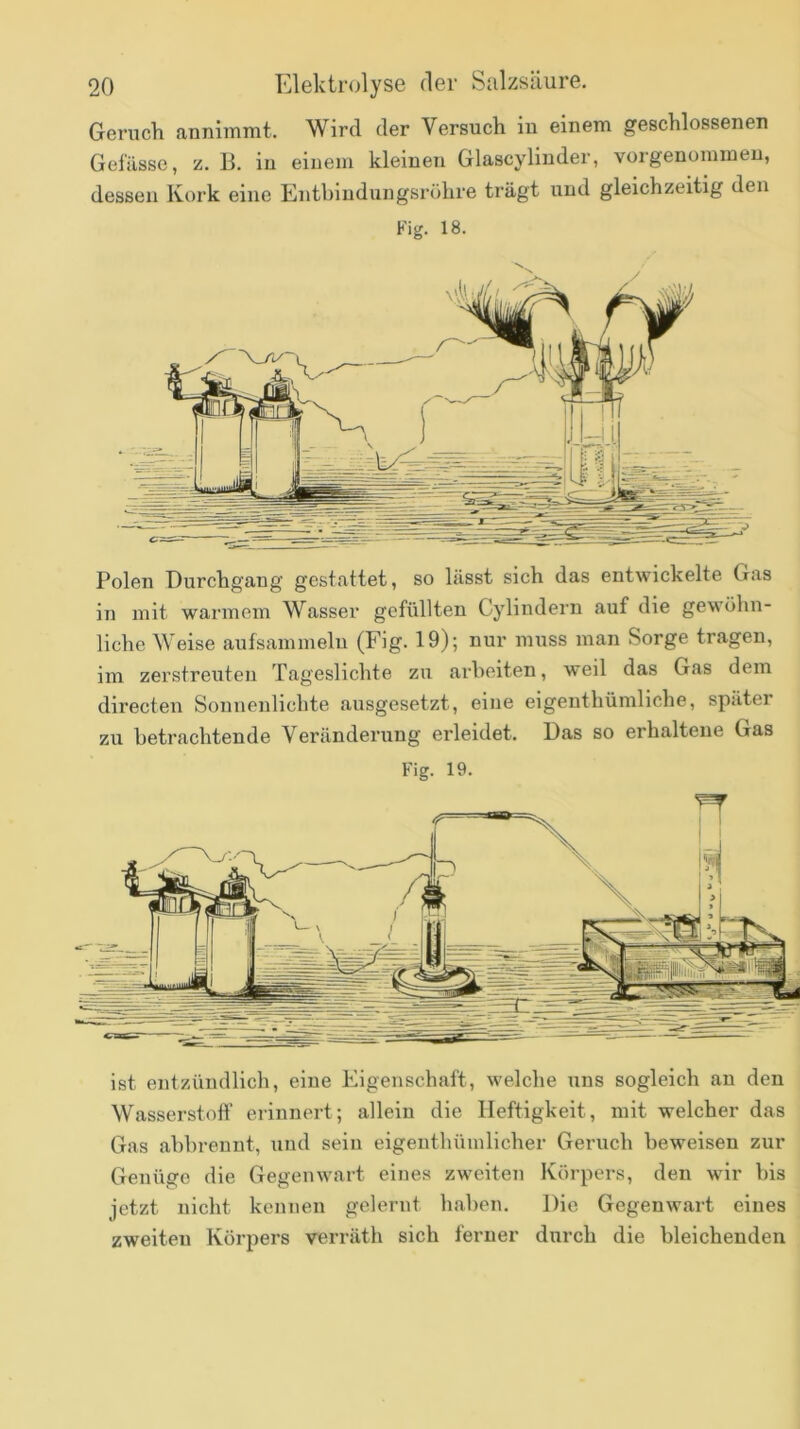 Geruch annimmt. Wird der Versuch in einem geschlossenen Gefässc, z. 13. in einem kleinen Glascylinder, vorgenommeu, dessen Kork eine Entbiudungsröhre trägt und gleichzeitig den Kig. 18. Polen Durchgang gestattet, so lässt sich das entwickelte Gas in mit warmem Wasser gefüllten Cylindern auf die gewöhn- liche Weise aufsammelu (Fig. 19); nur muss man Sorge tragen, im zerstreuten Tageslichte zu arbeiten, weil das Gas dem directeia Sonnenlichte ausgesetzt, eine eigenthümliche, später zu betrachtende Veränderung erleidet. Das so erhaltene Gas Fig. 19. ist entzündlich, eine Eigenschaft, welche uns sogleich an den Wasserstoff erinnert; allein die Heftigkeit, mit welcher das Gas abbrennt, und sein eigenthümlicher Geruch beweisen zur Genüge die Gegenwart eines zweiten Körpers, den wir bis jetzt nicht kennen gelernt haben. Die Gegenwart eines zweiten Körpers verräth sich ferner durch die bleichenden